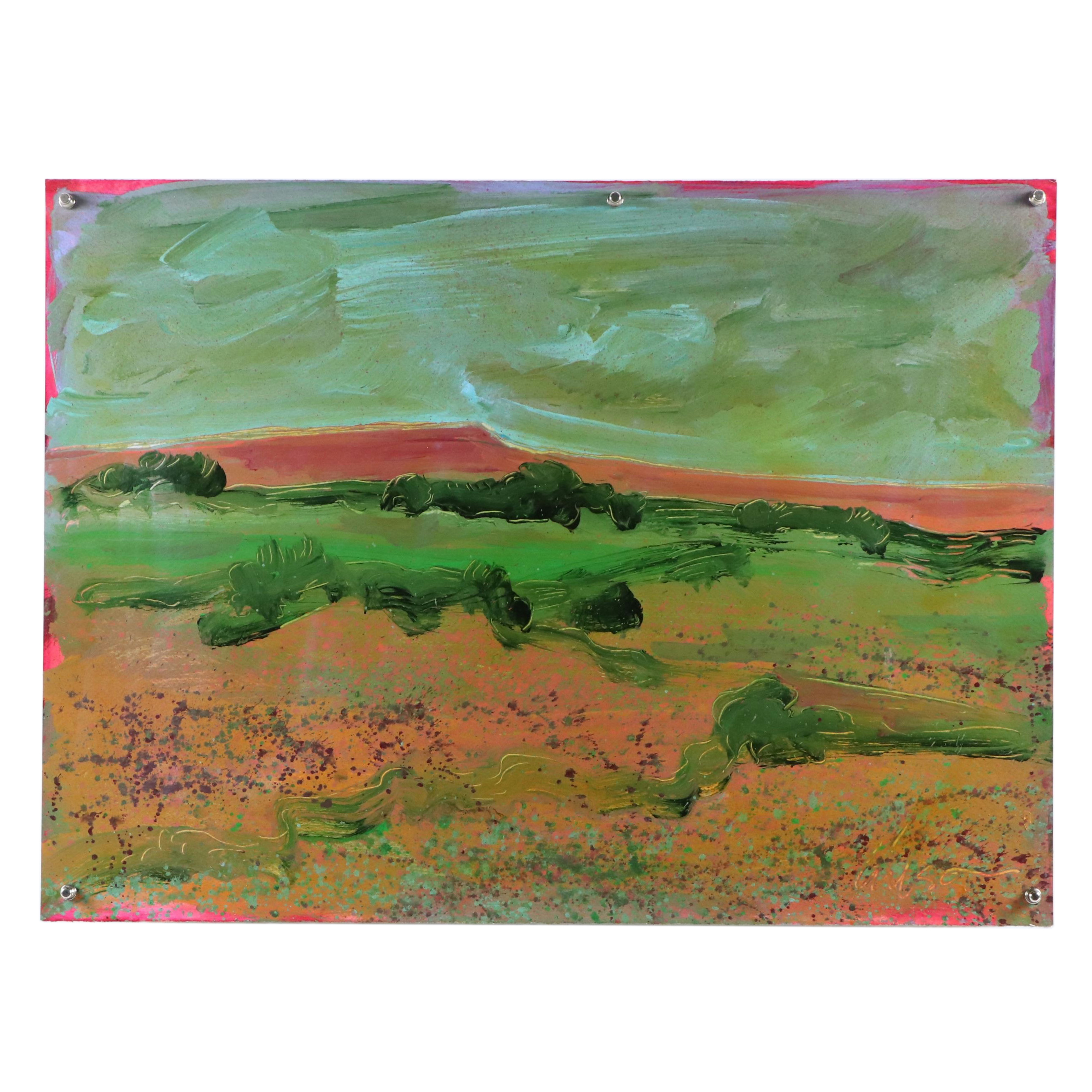 Harry Hilson Modernist Landscape Acrylic Painting, Late 20th Century