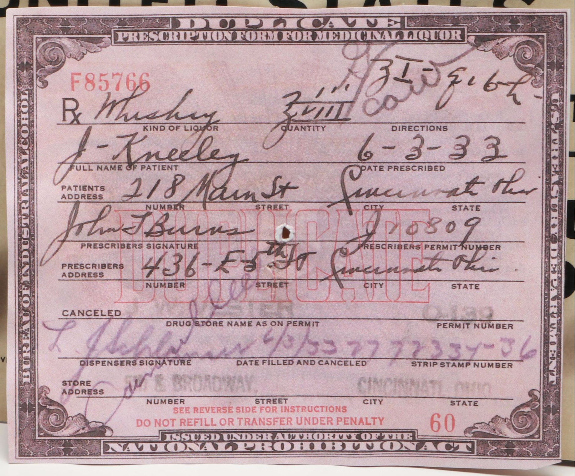 Prohibition Style Whisky Prescription Form with Reproduction Sign