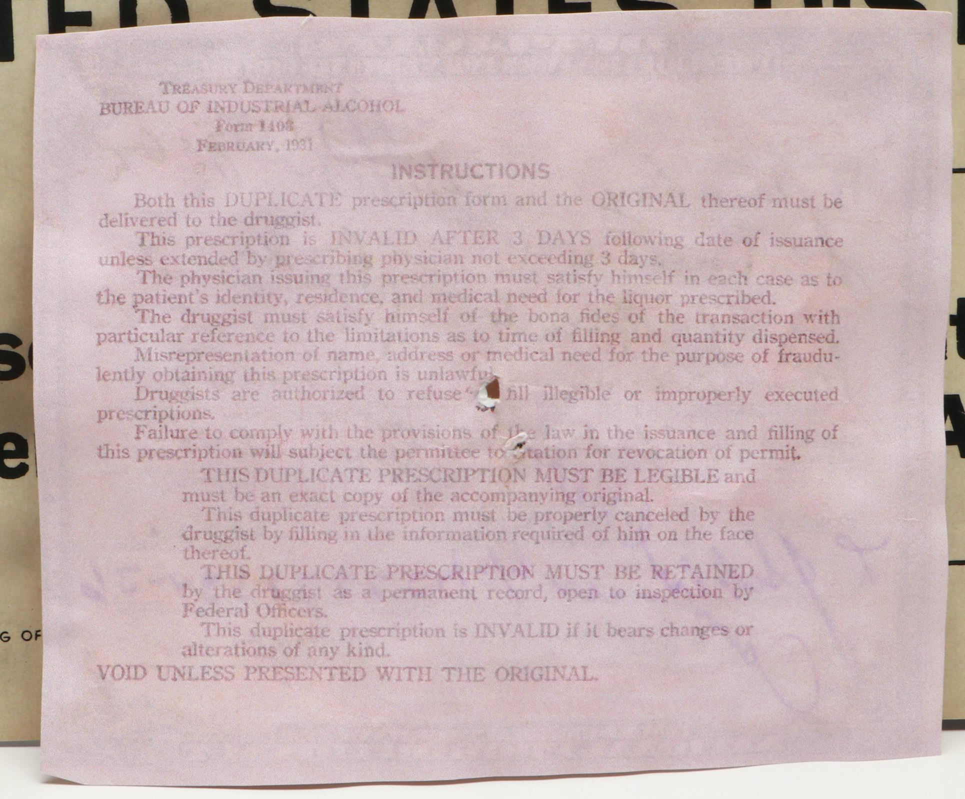 Prohibition Style Whisky Prescription Form with Reproduction Sign