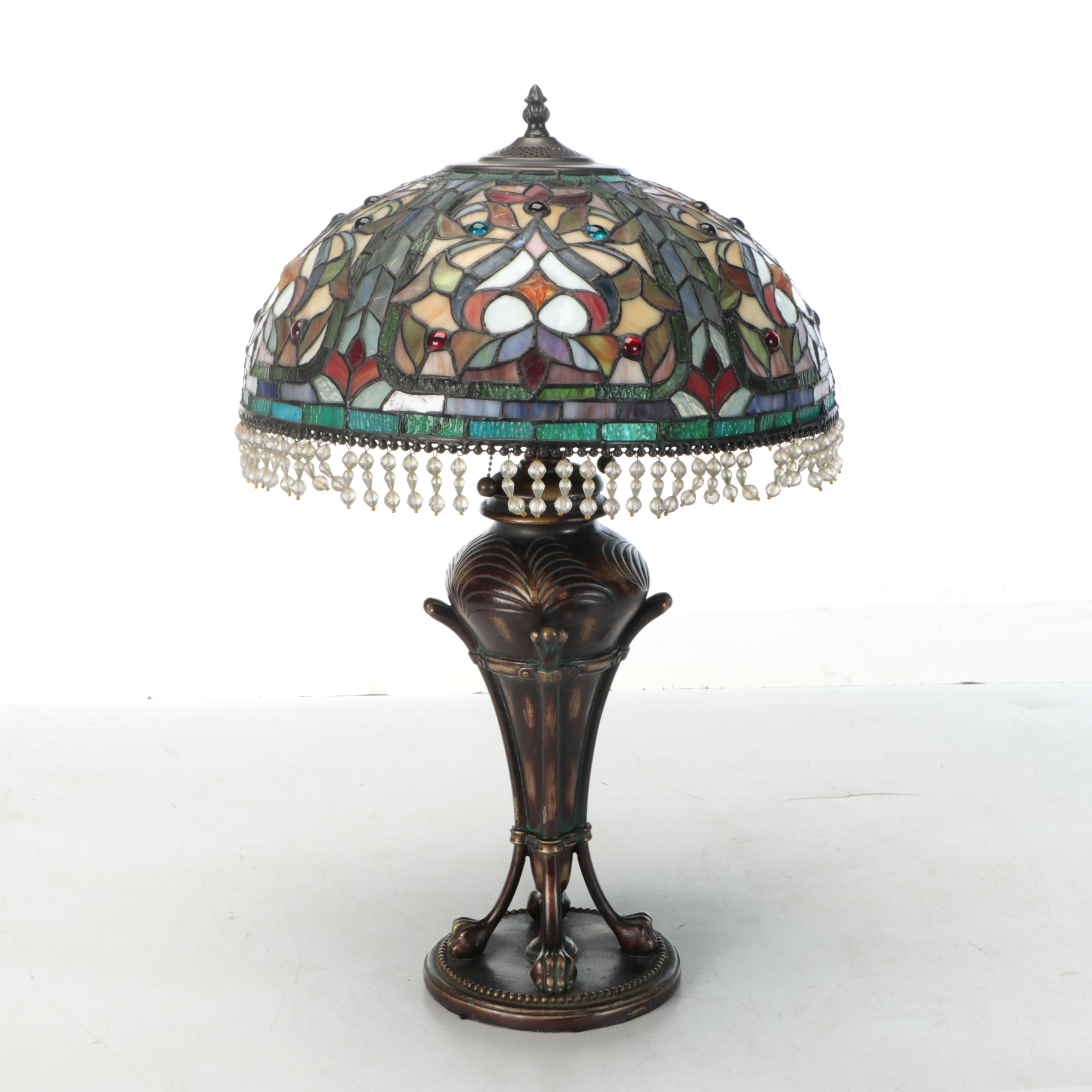 Empire Style Patinated Table Lamp with Beaded Slag Glass Shade