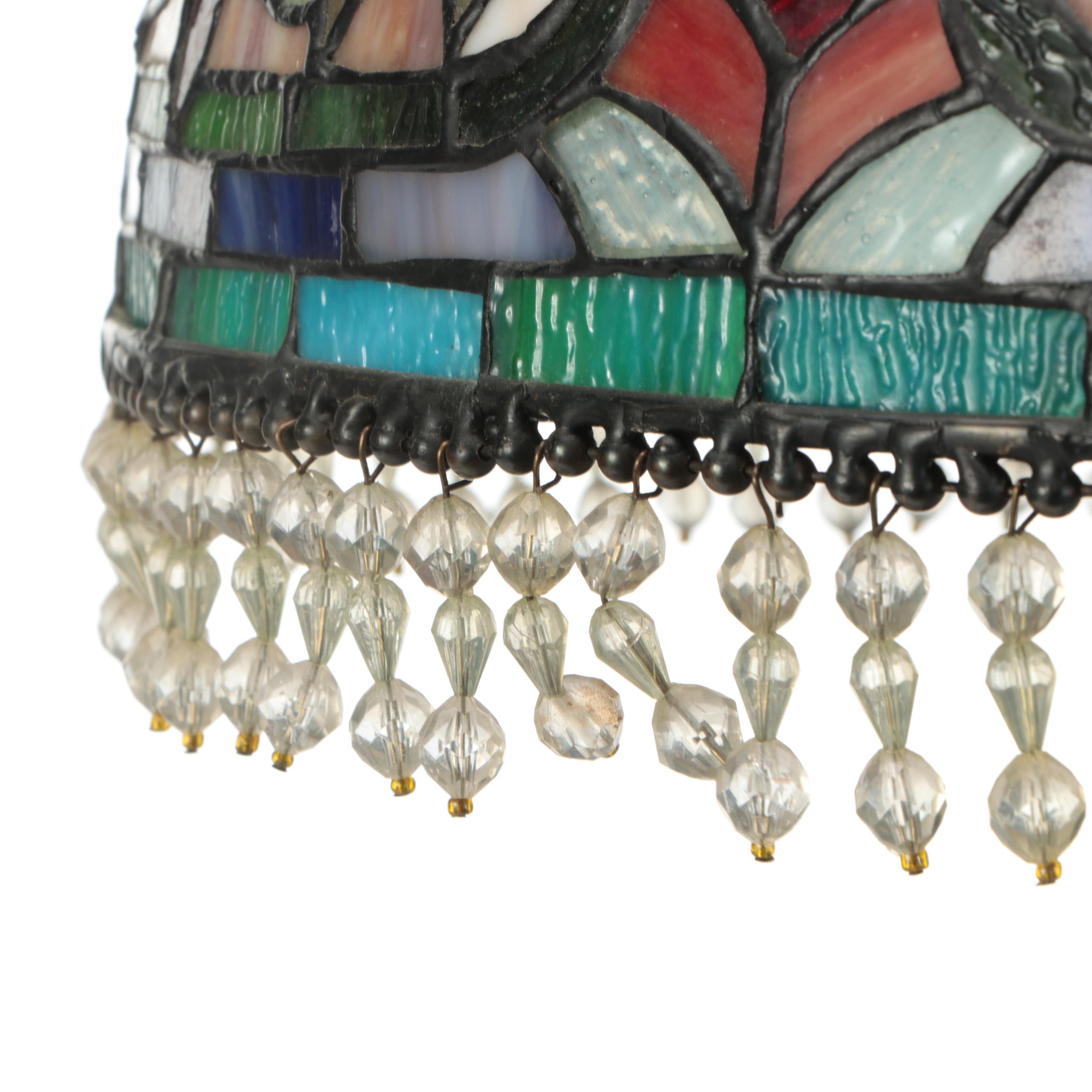 Empire Style Patinated Table Lamp with Beaded Slag Glass Shade