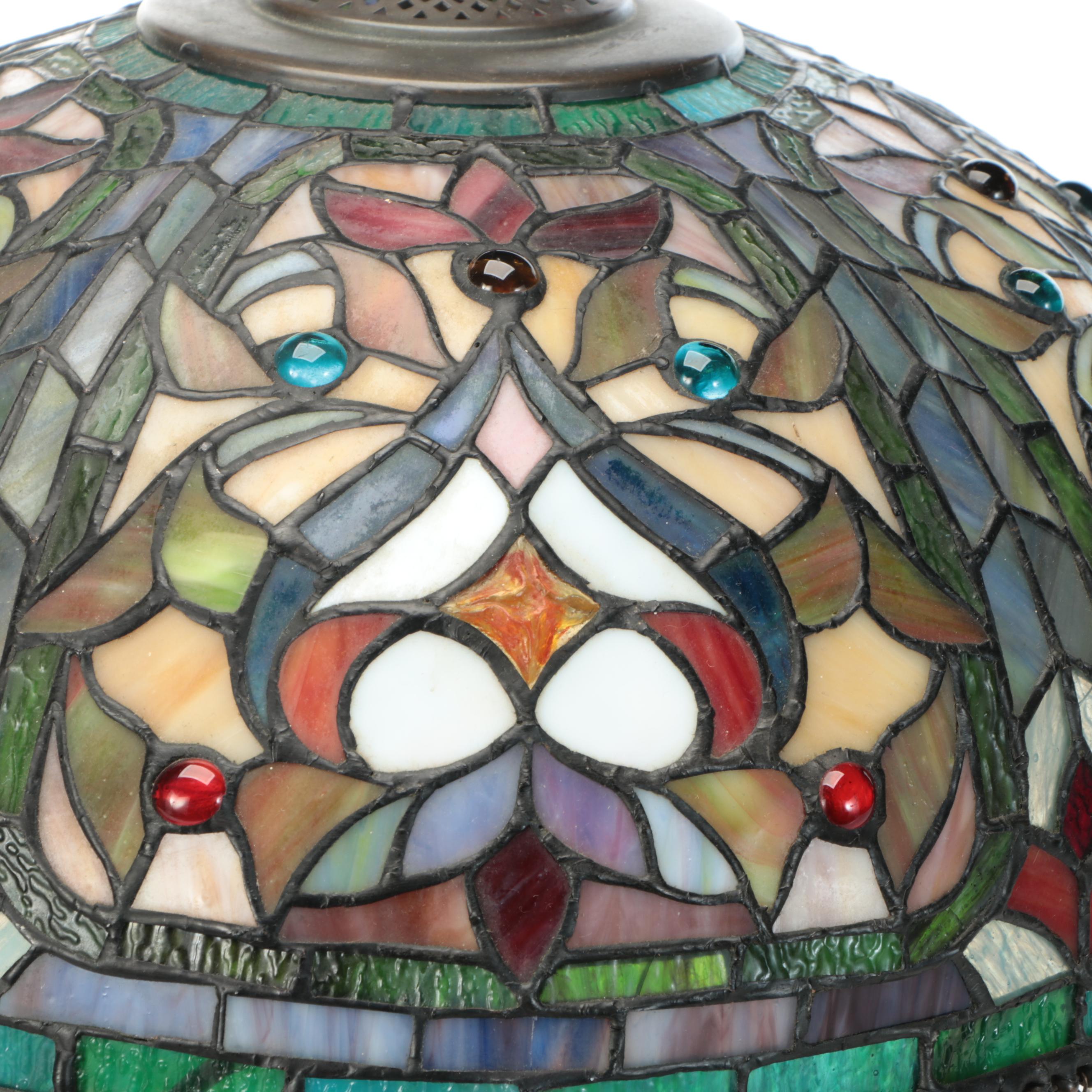 Empire Style Patinated Table Lamp with Beaded Slag Glass Shade