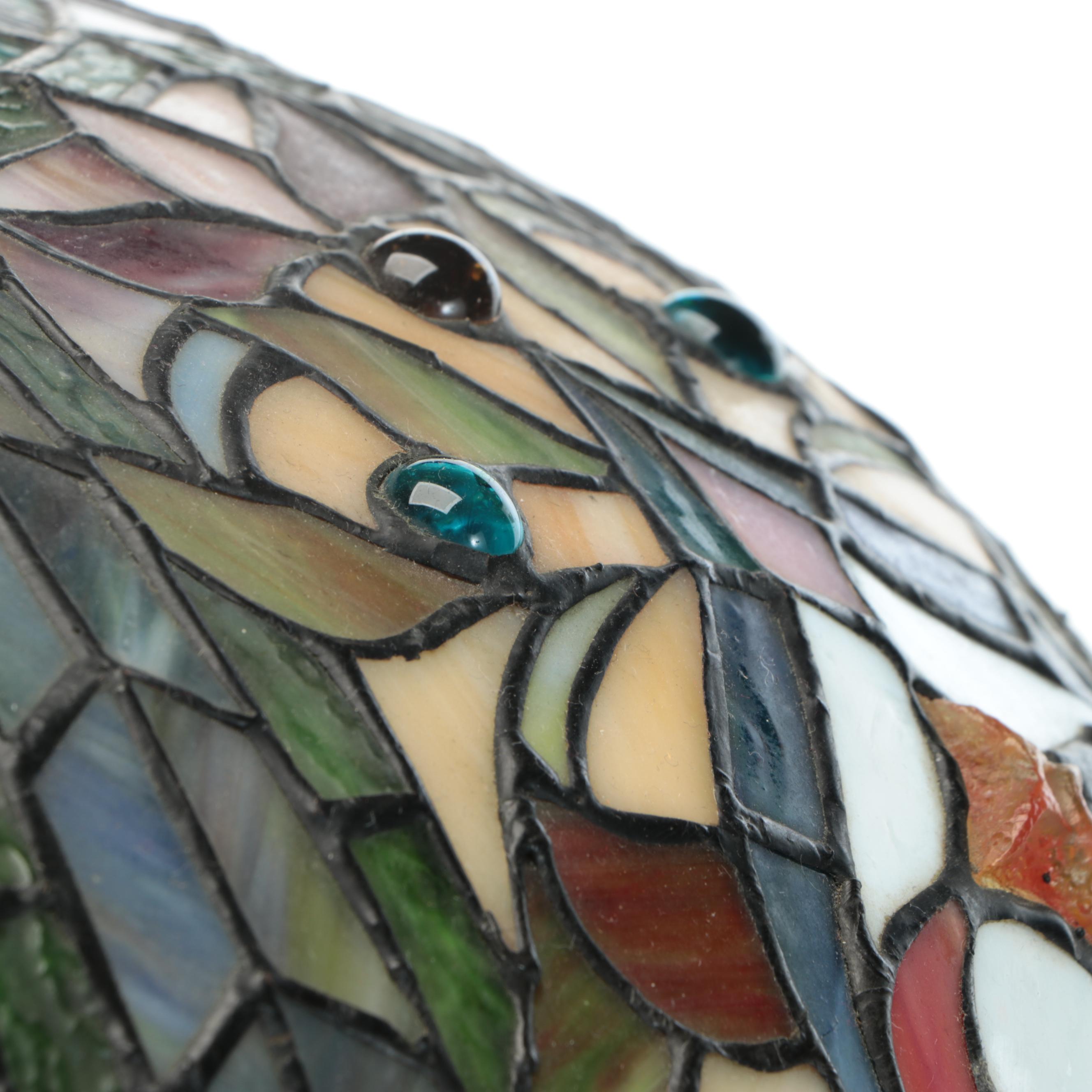 Empire Style Patinated Table Lamp with Beaded Slag Glass Shade