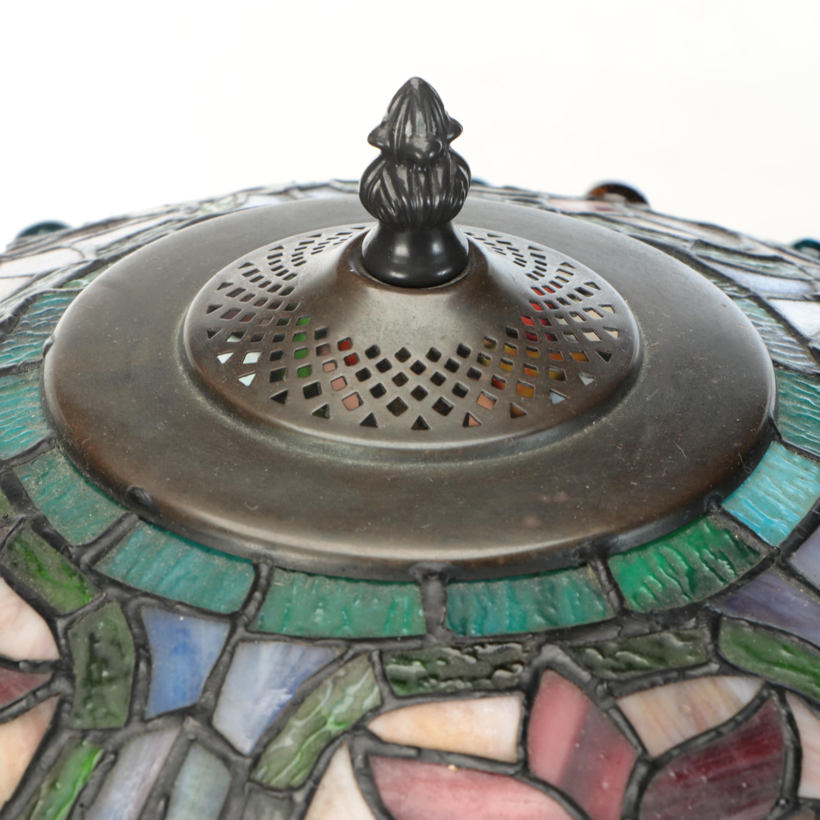 Empire Style Patinated Table Lamp with Beaded Slag Glass Shade