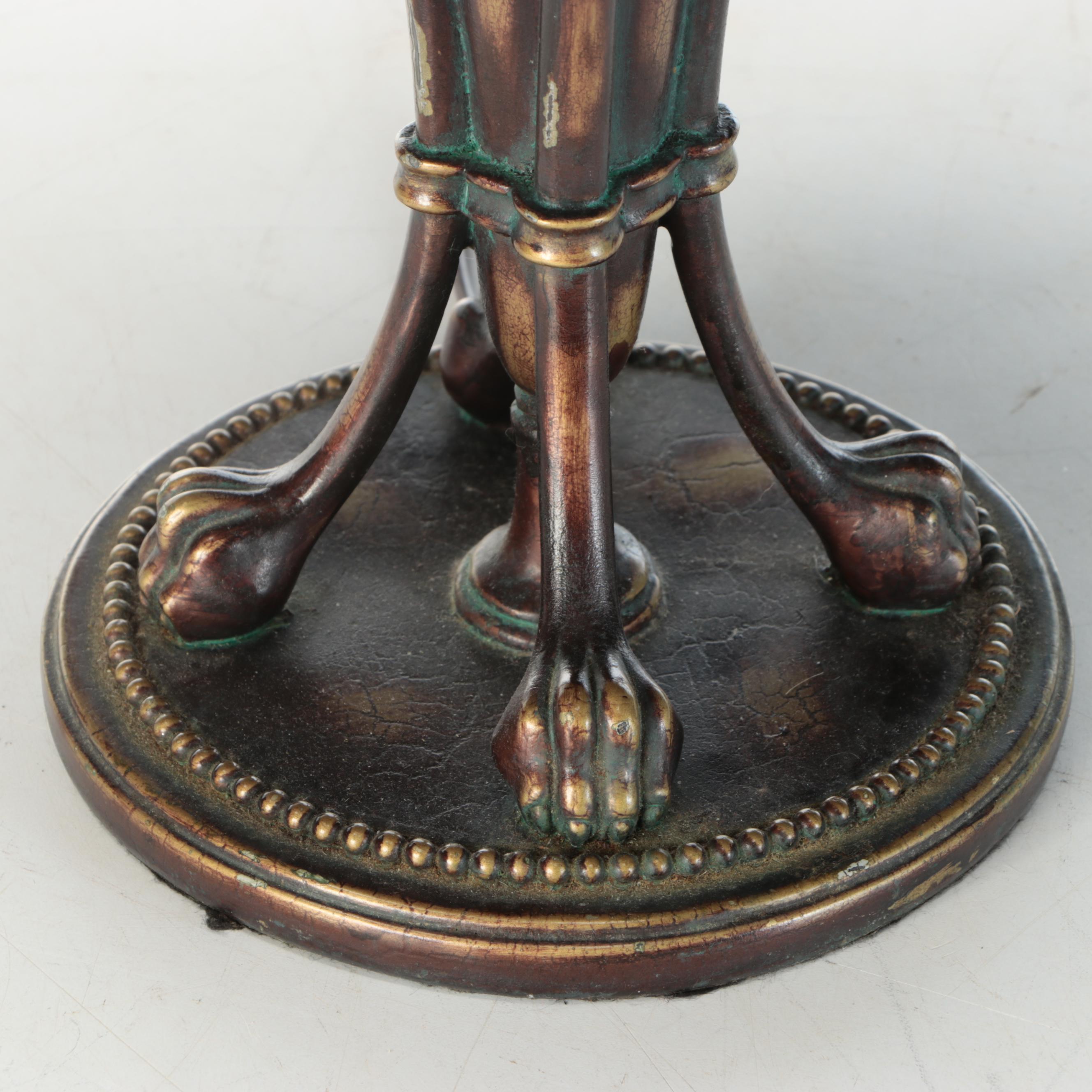 Empire Style Patinated Table Lamp with Beaded Slag Glass Shade