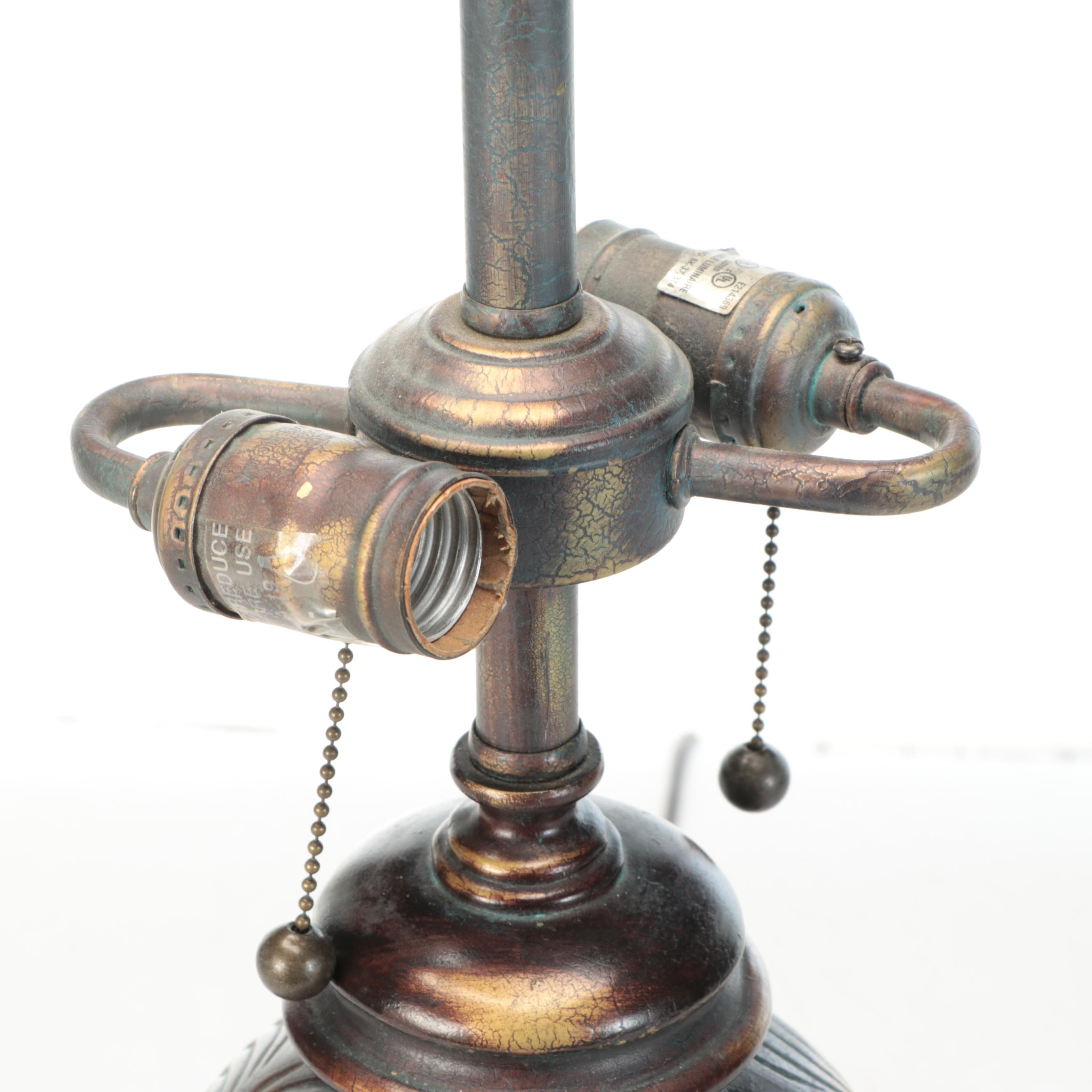 Empire Style Patinated Table Lamp with Beaded Slag Glass Shade