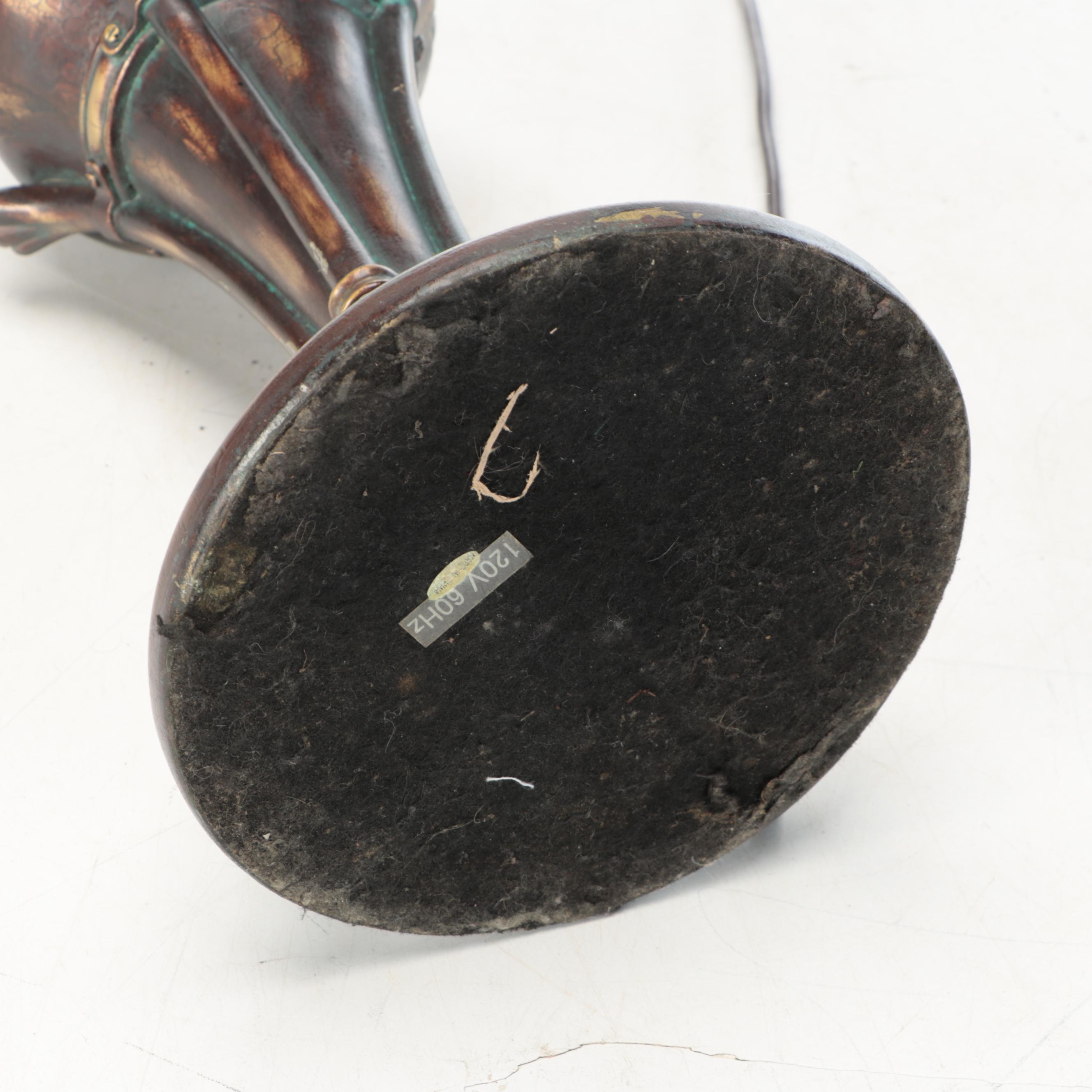 Empire Style Patinated Table Lamp with Beaded Slag Glass Shade