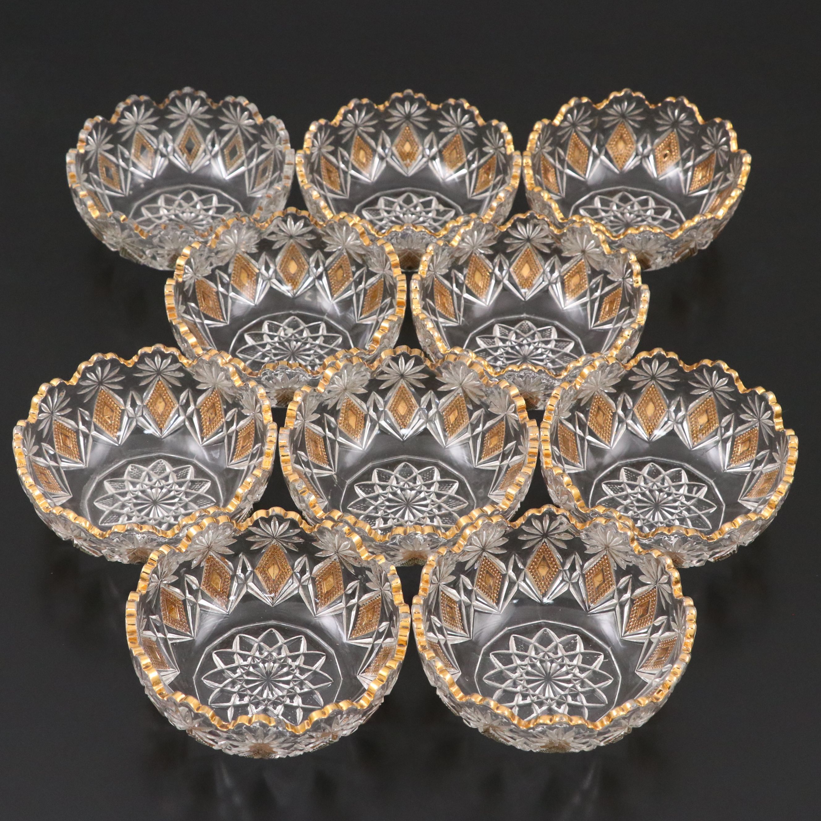 Pressed Crystal Berry Bowls with Gilt Details, Vintage