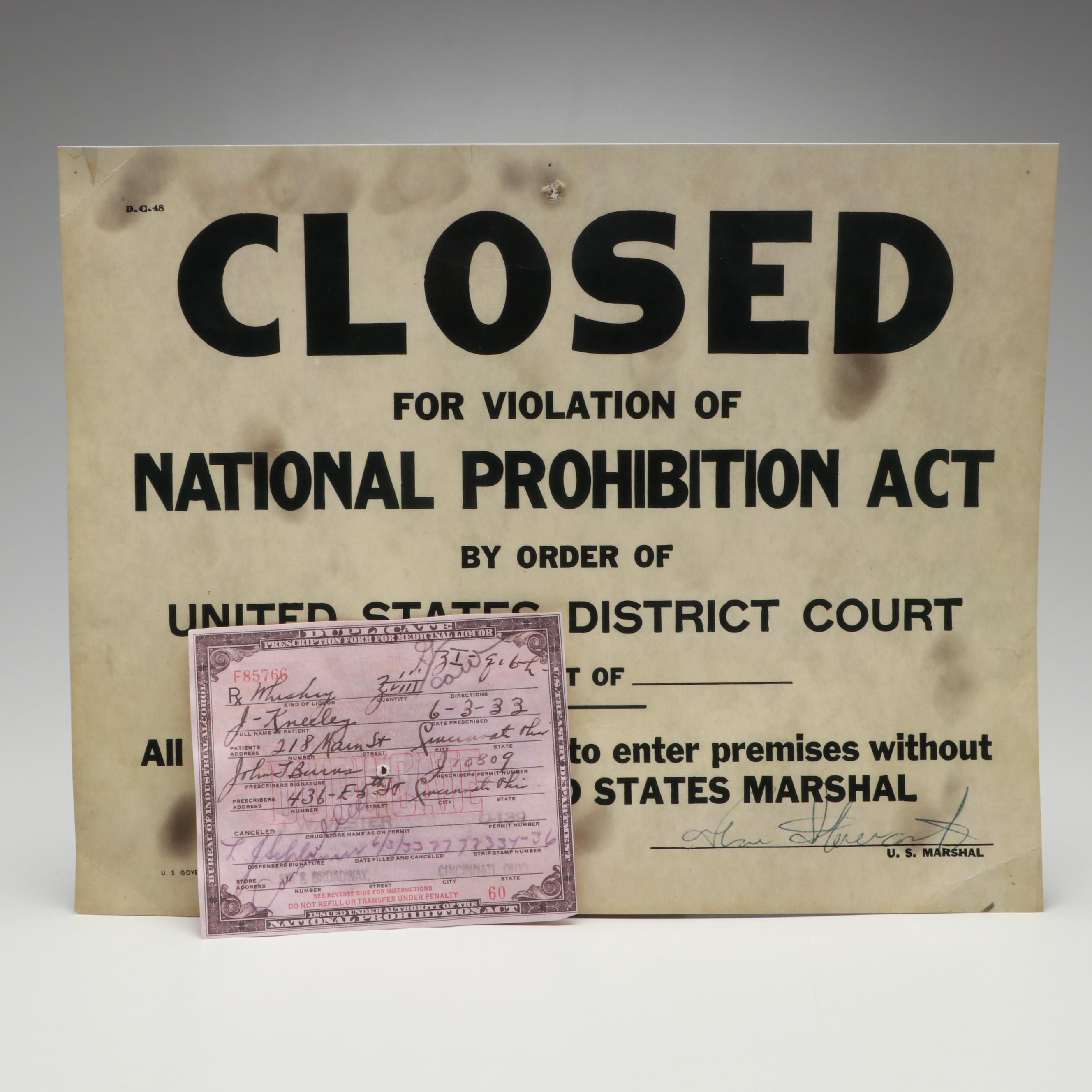 Prohibition Style Whisky Prescription Form with Reproduction Sign