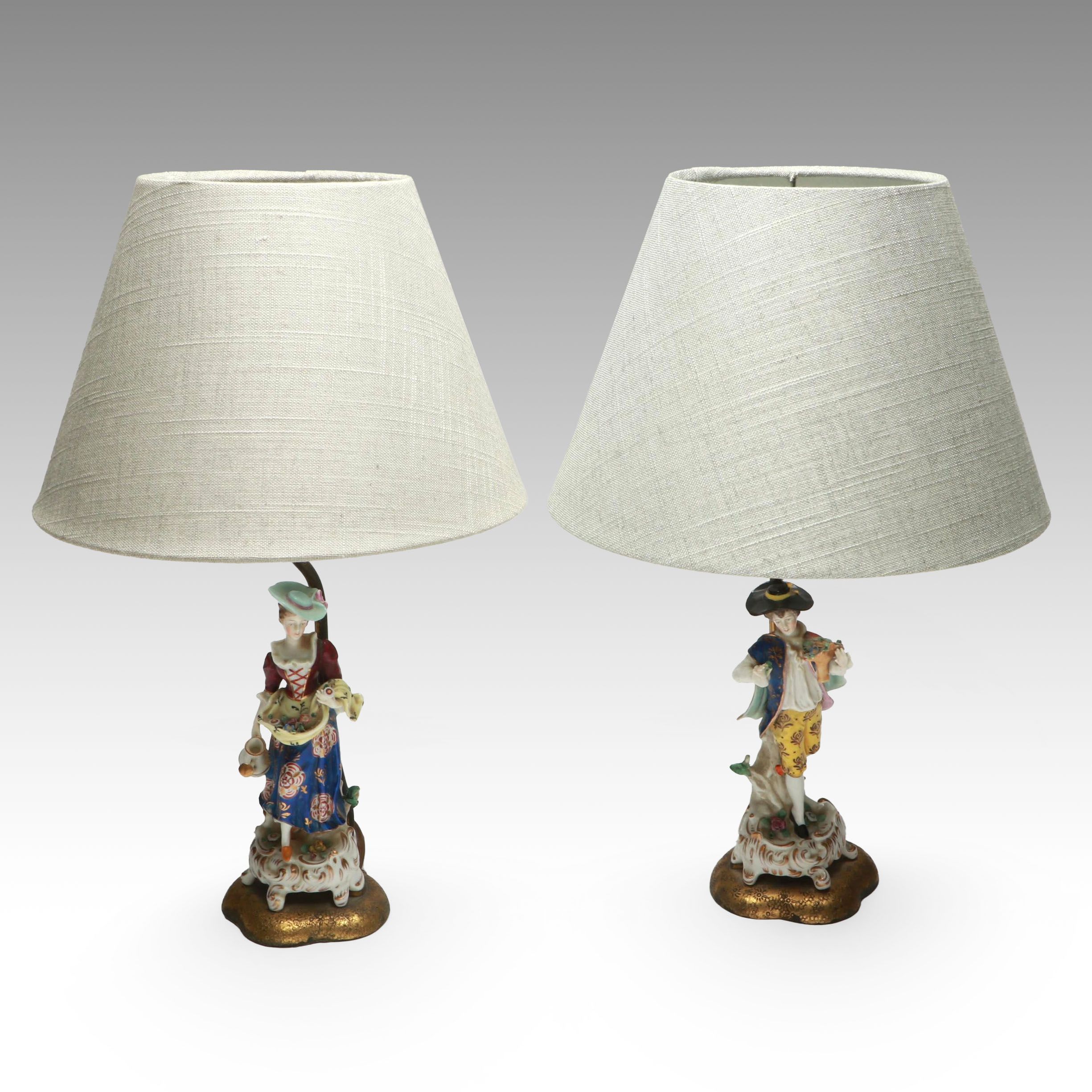German Style Figural Porcelain Lamps with Linen Bell Shades