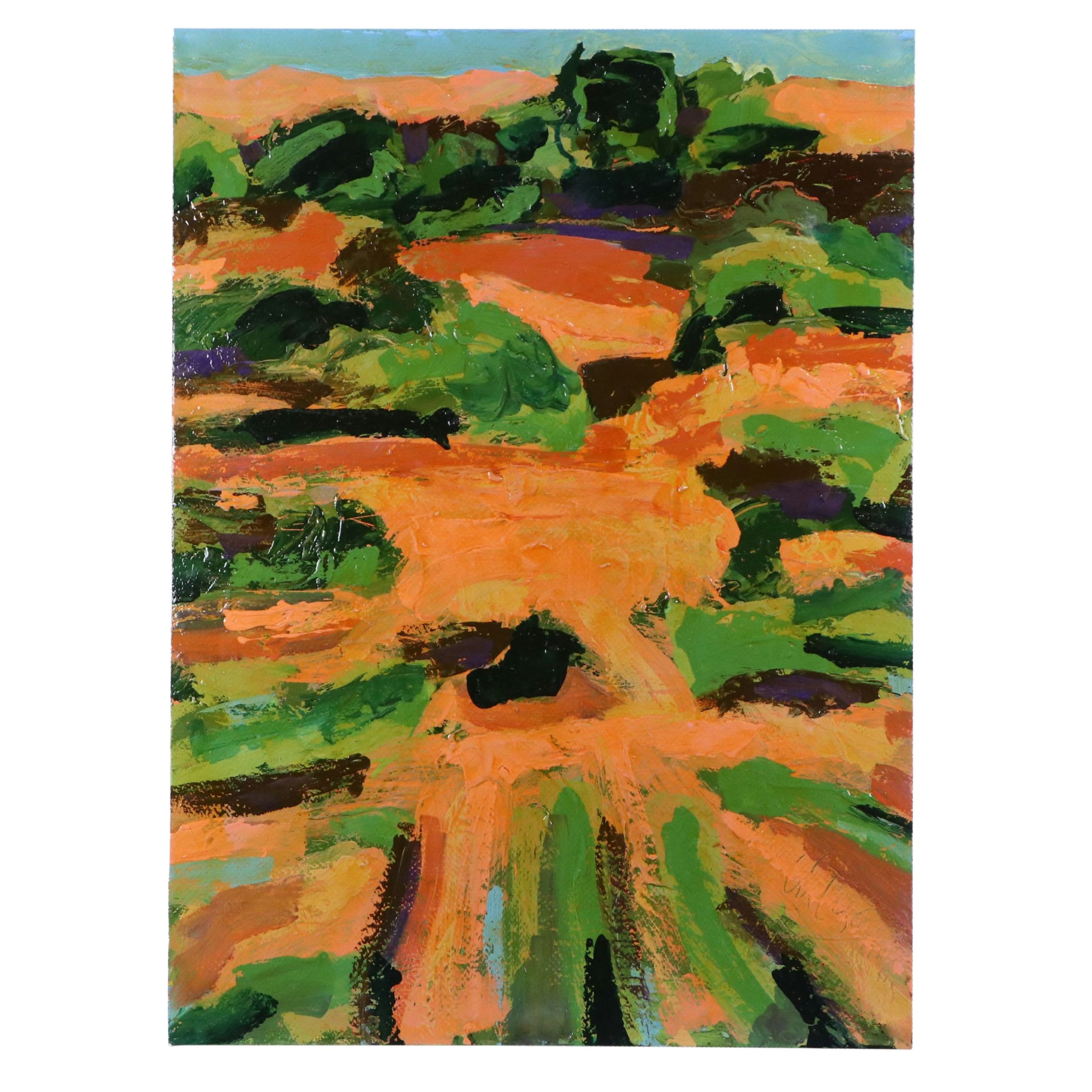 Harry Hilson Modernist Landscape Acrylic Painting, Late 20th Century