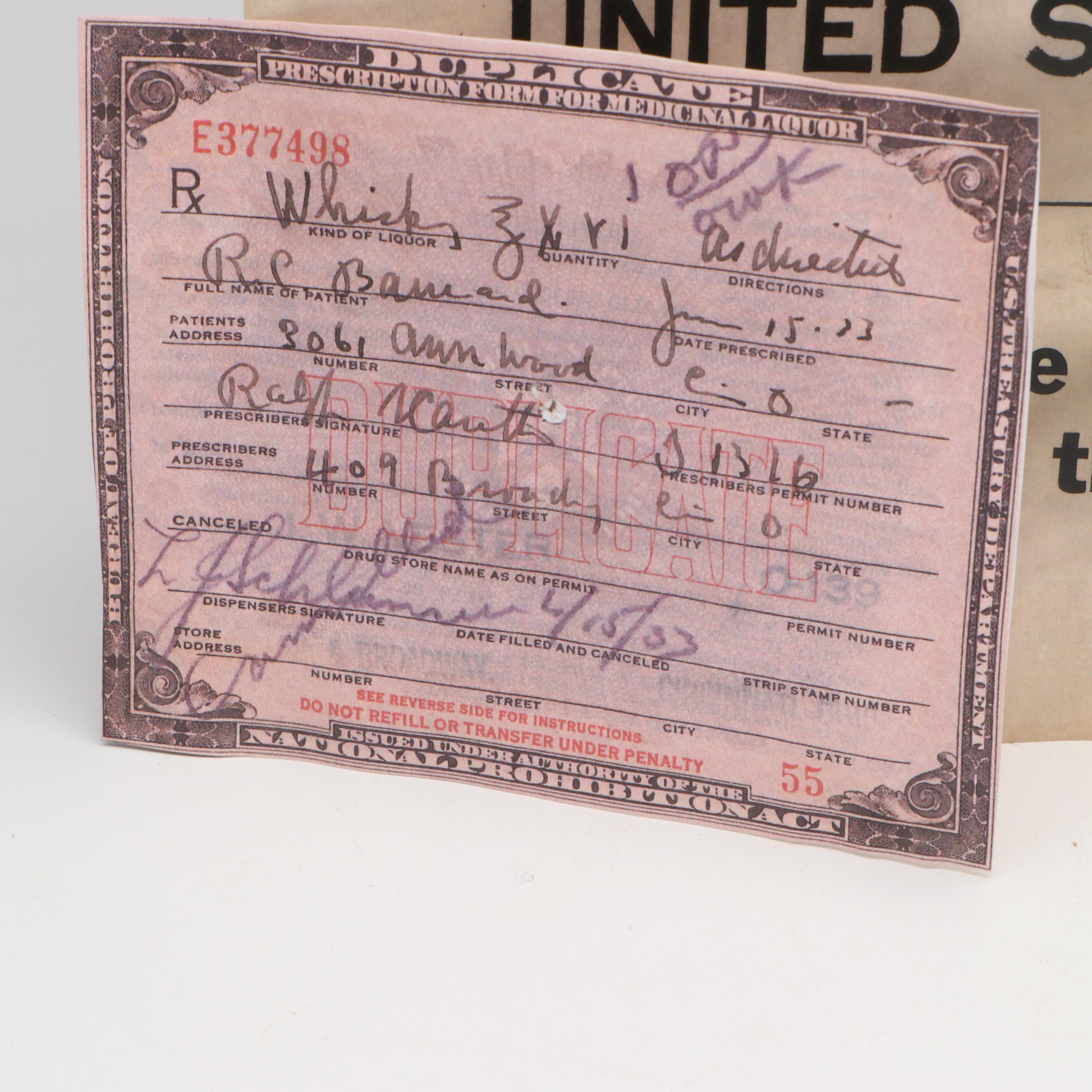 Prohibition Style Whisky Prescription Form with Reproduction Sign
