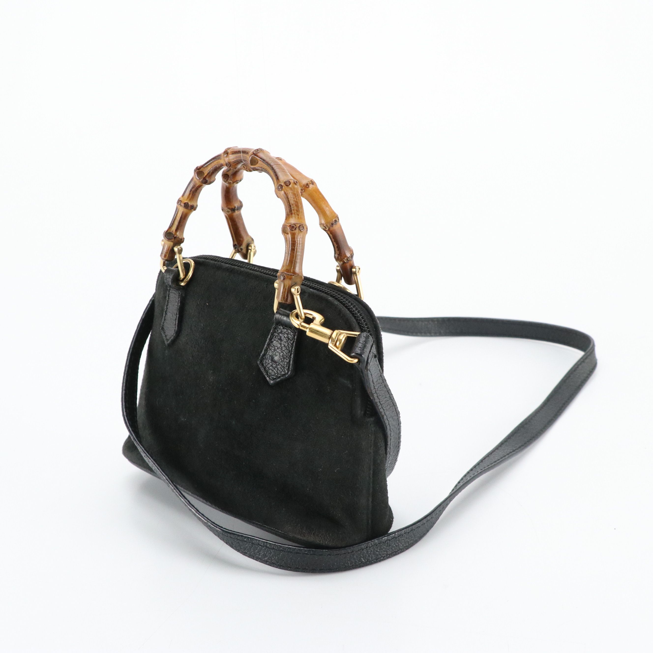 Gucci Mini Bamboo Handle Two-Way Bag in Black Suede and Leather