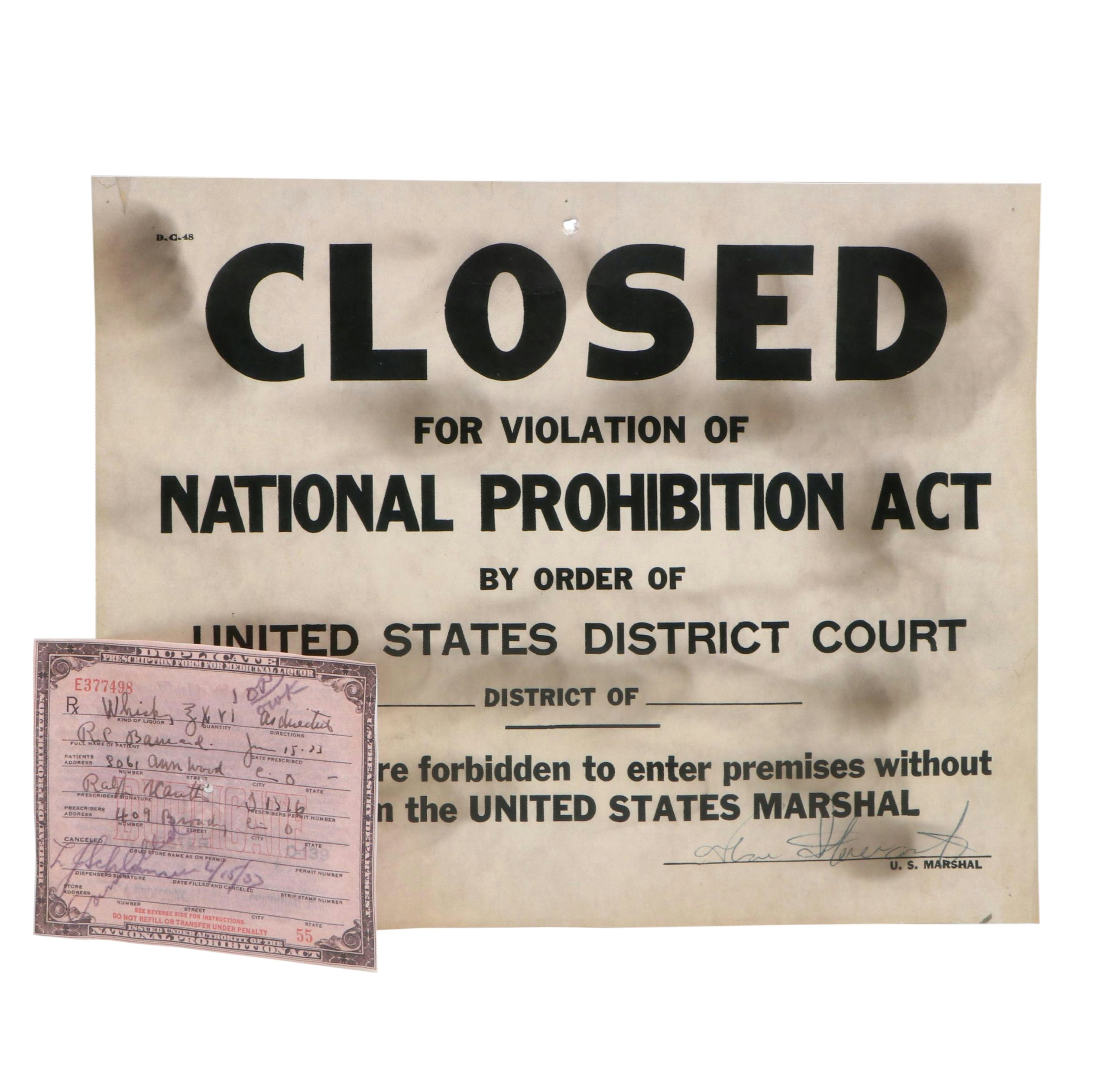 Prohibition Style Whisky Prescription Form with Reproduction Sign