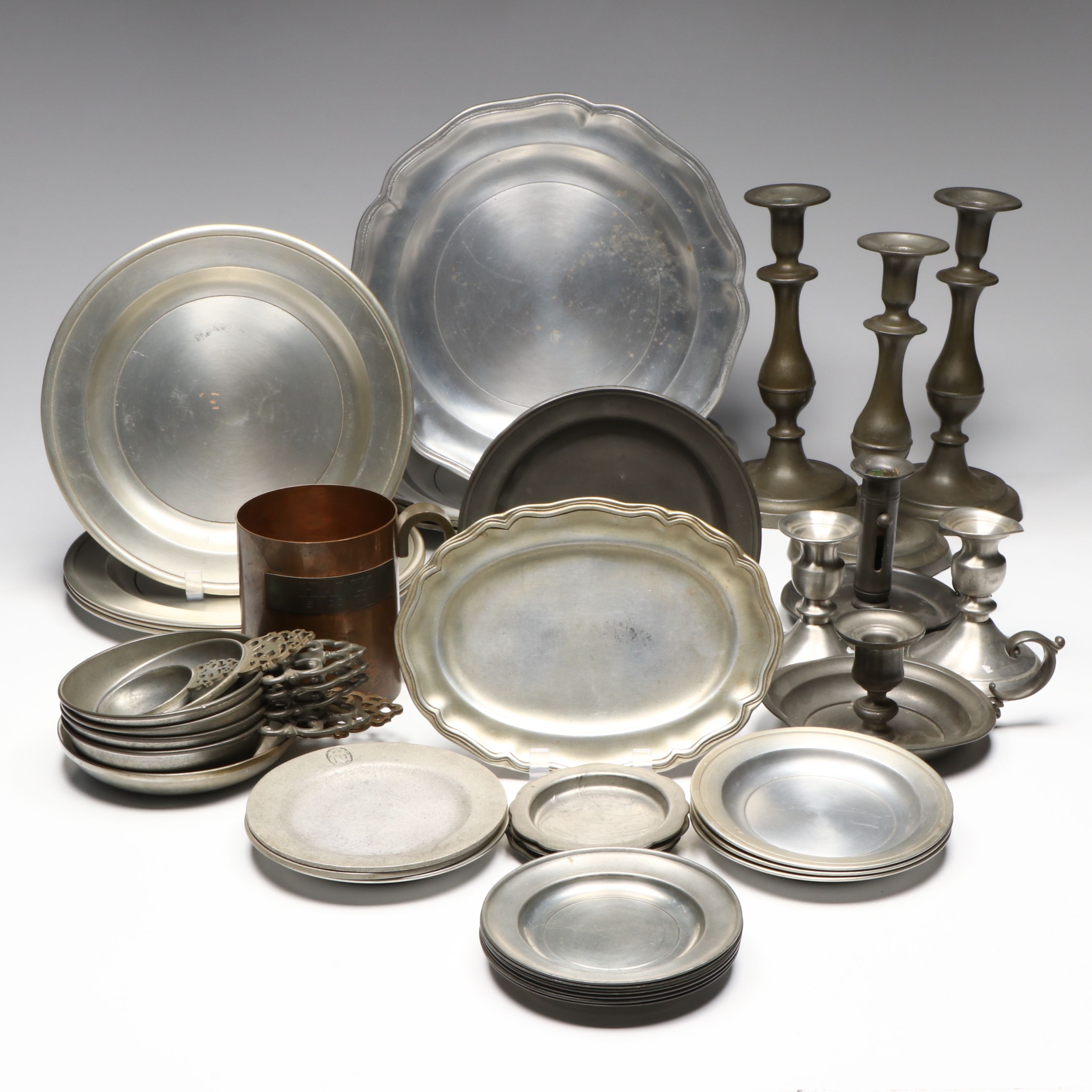 Stieff "Williamsburg", Kayserzinn and More Pewter Tableware and Candle Holders