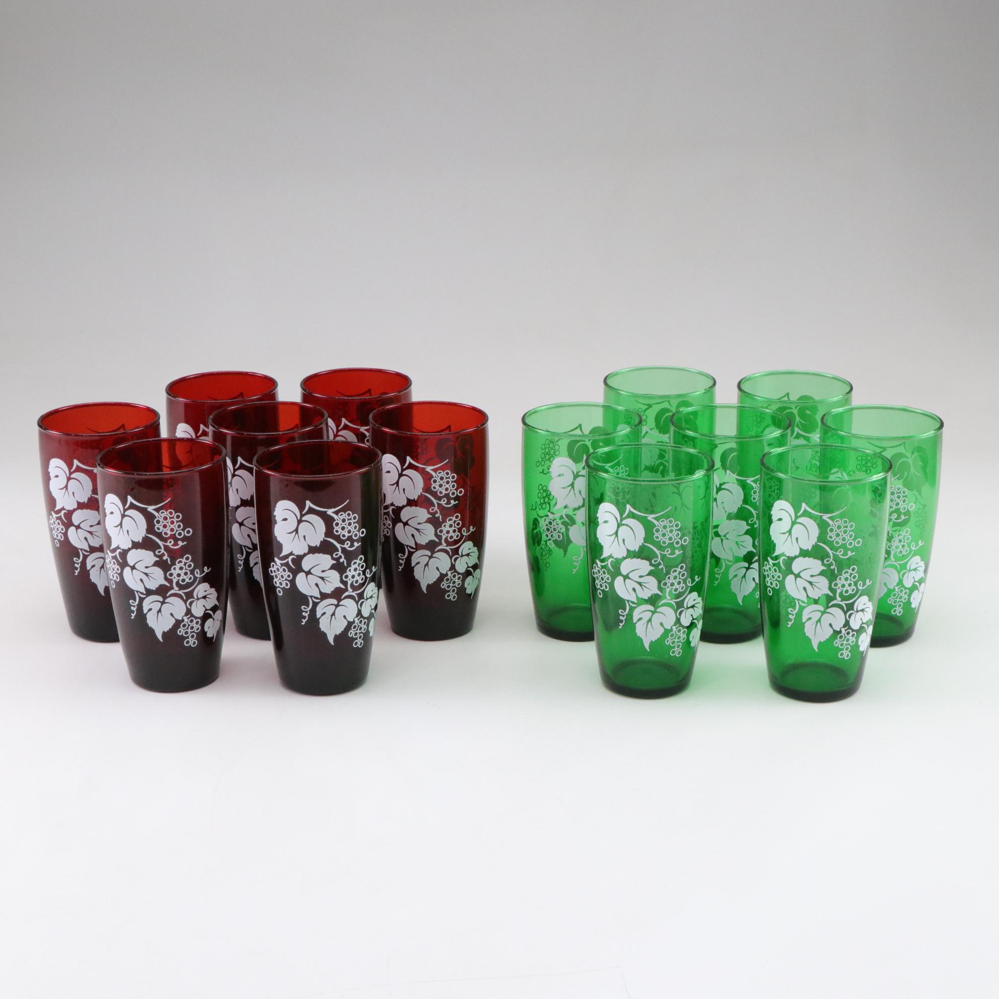 Anchor Hocking "Grape" Green & Royal Ruby Depression Glass Flat Tumblers