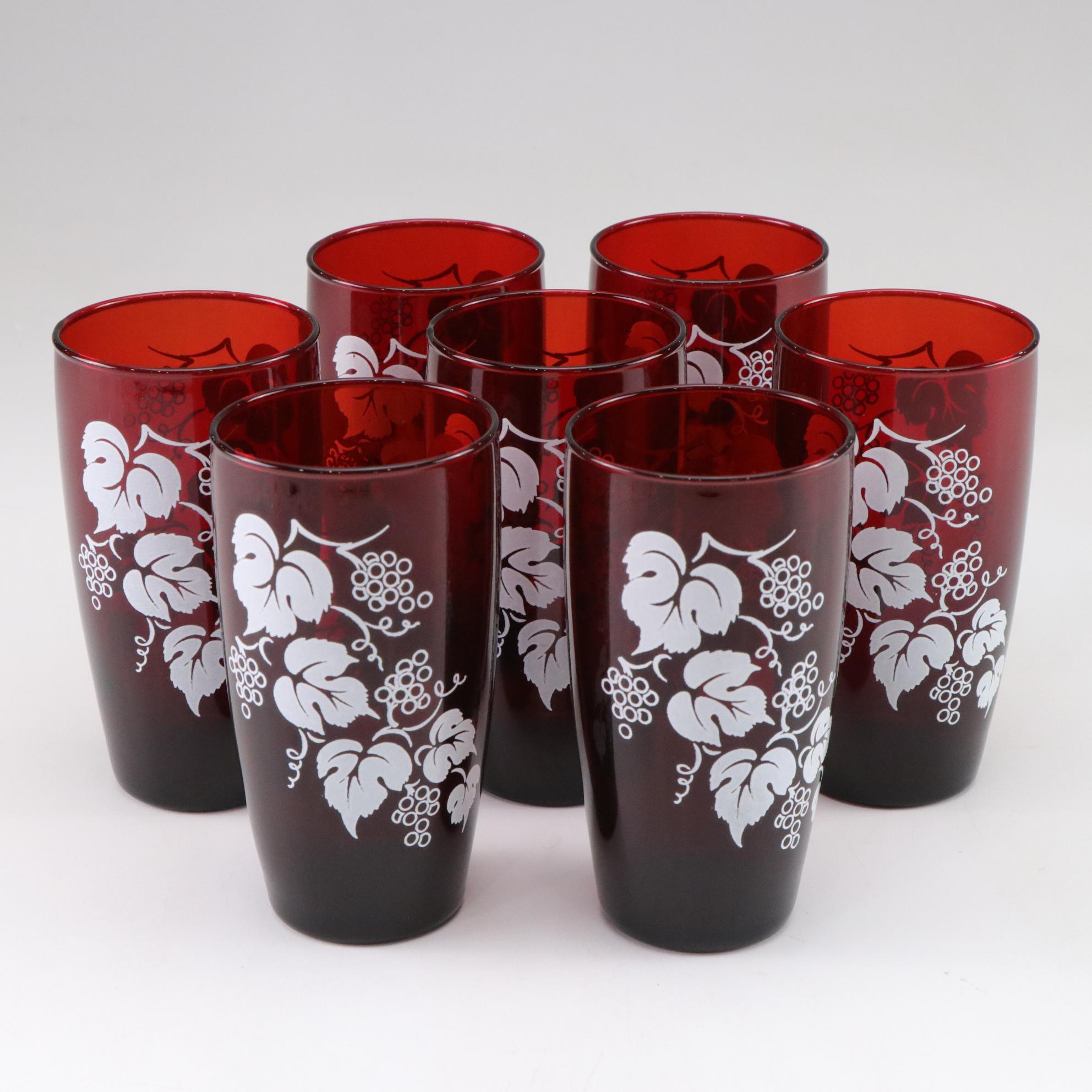 Anchor Hocking "Grape" Green & Royal Ruby Depression Glass Flat Tumblers