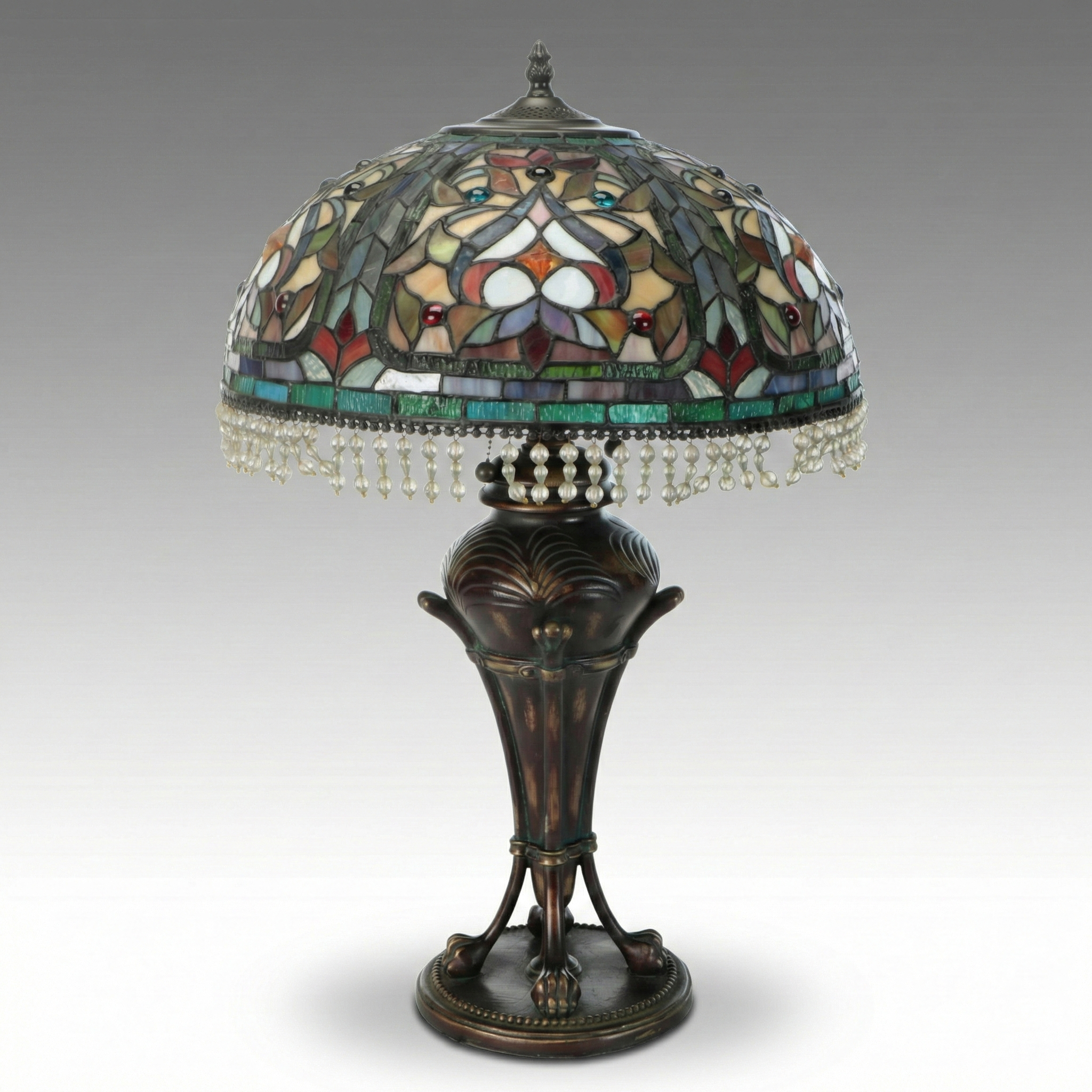 Empire Style Patinated Table Lamp with Beaded Slag Glass Shade