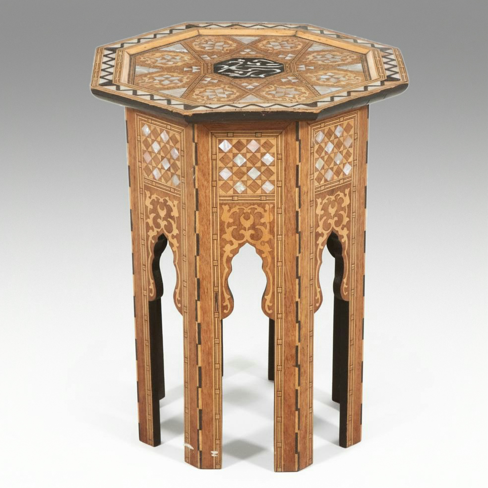 Middle Eastern MOP and Mixed Wood Mosaic Inlaid Side Table