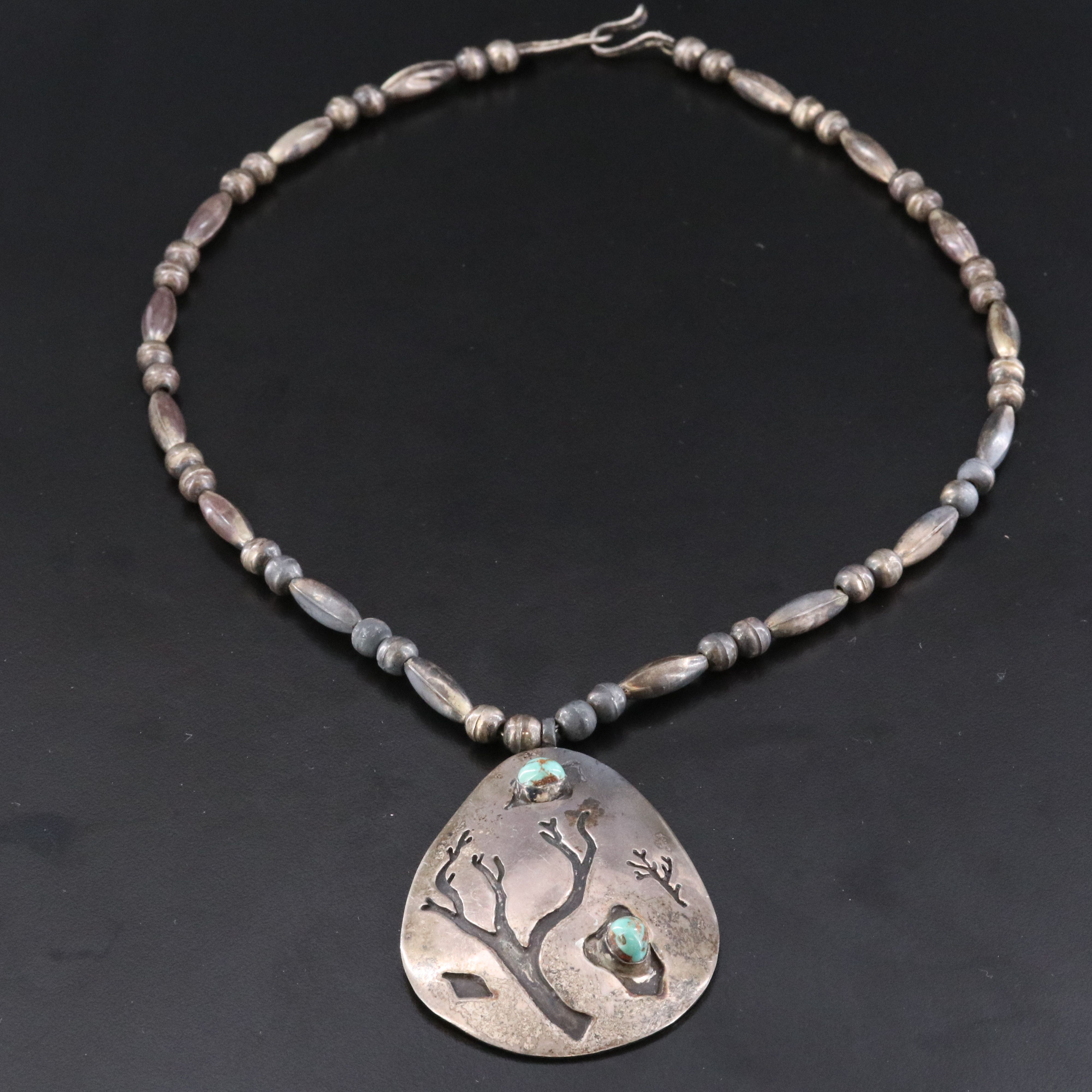 Southwestern Sterling Tree Overlay Necklace Including Turquoise