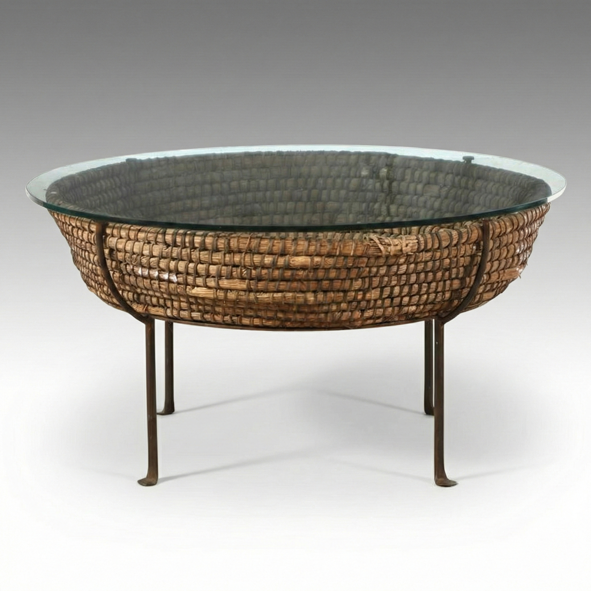 Large Braided Basket and Iron Glass Top Coffee Table