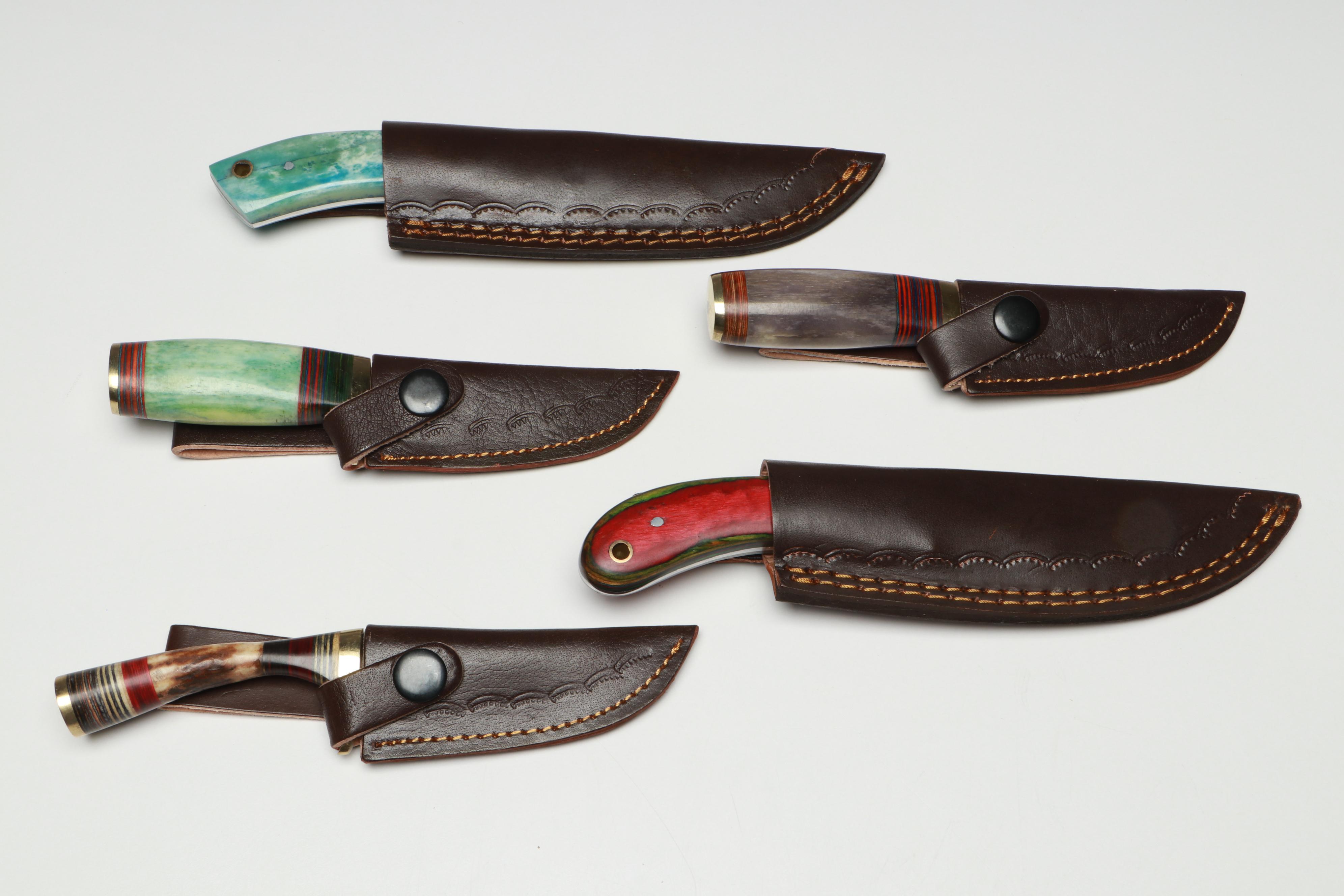 Damascus Steel and Bone Handled Skinner Knives with Hunting Knives in Scabbards
