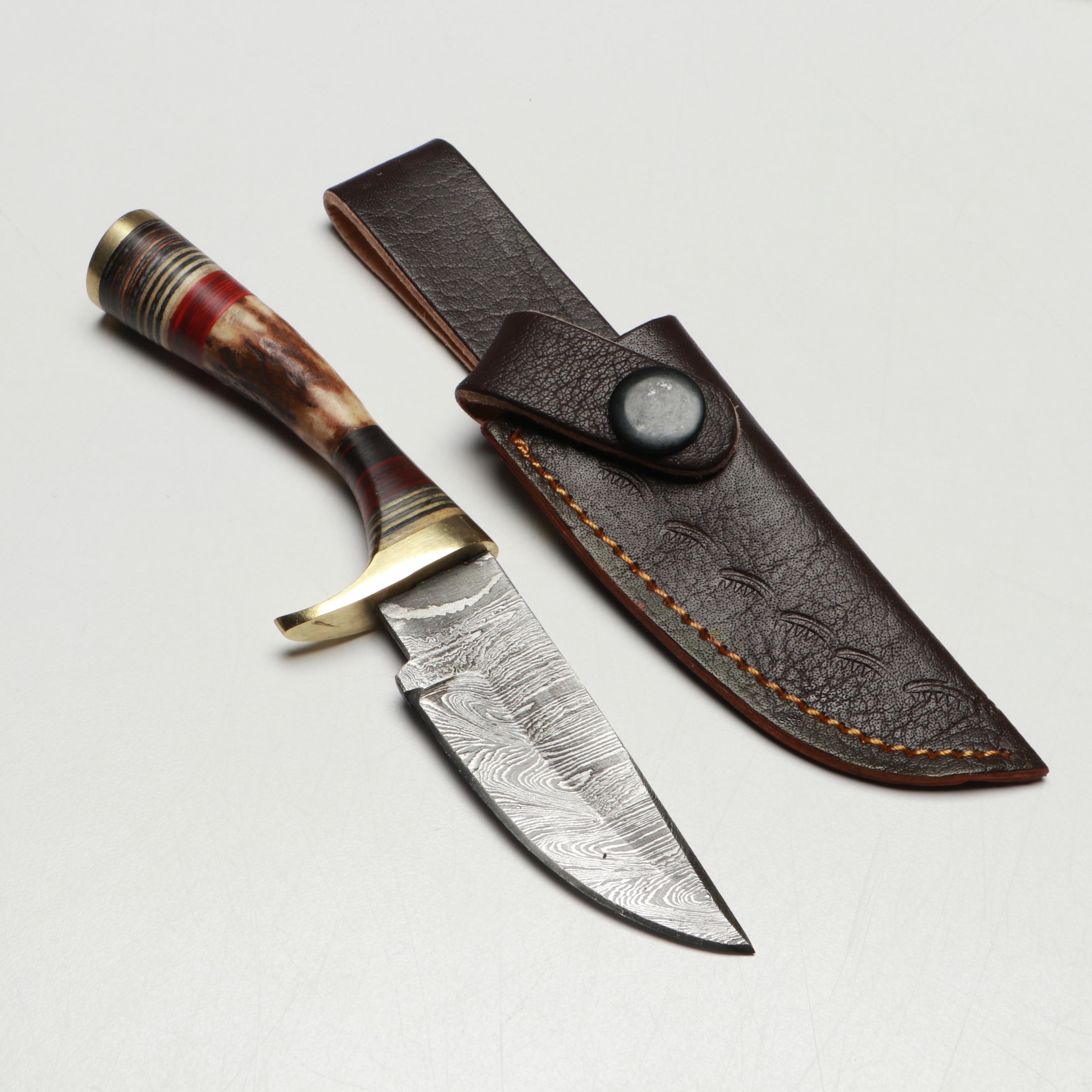 Damascus Steel and Bone Handled Skinner Knives with Hunting Knives in Scabbards