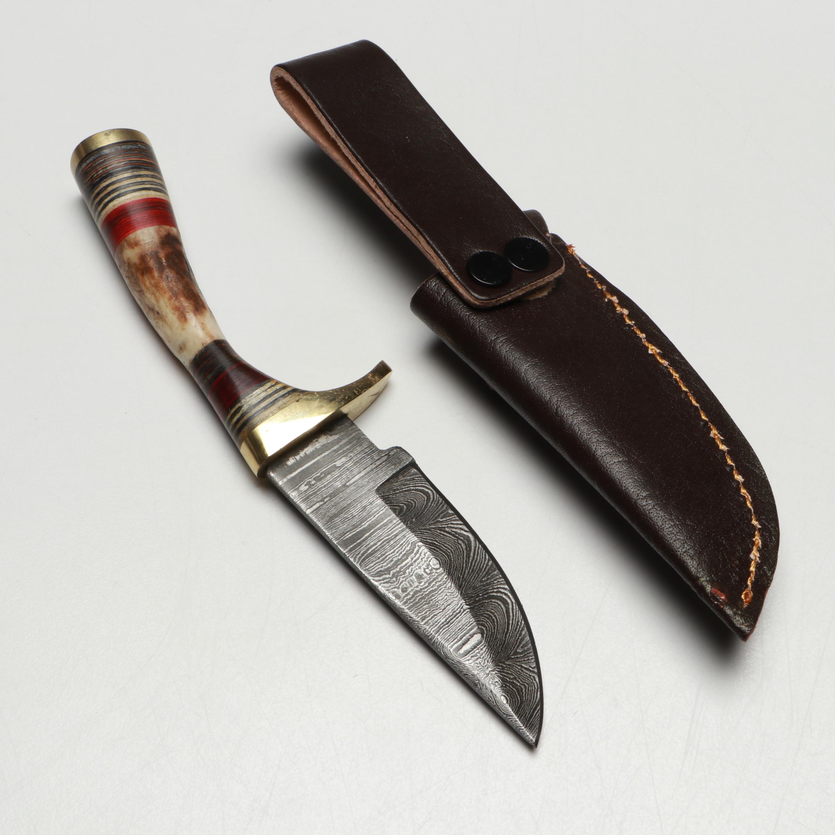 Damascus Steel and Bone Handled Skinner Knives with Hunting Knives in Scabbards