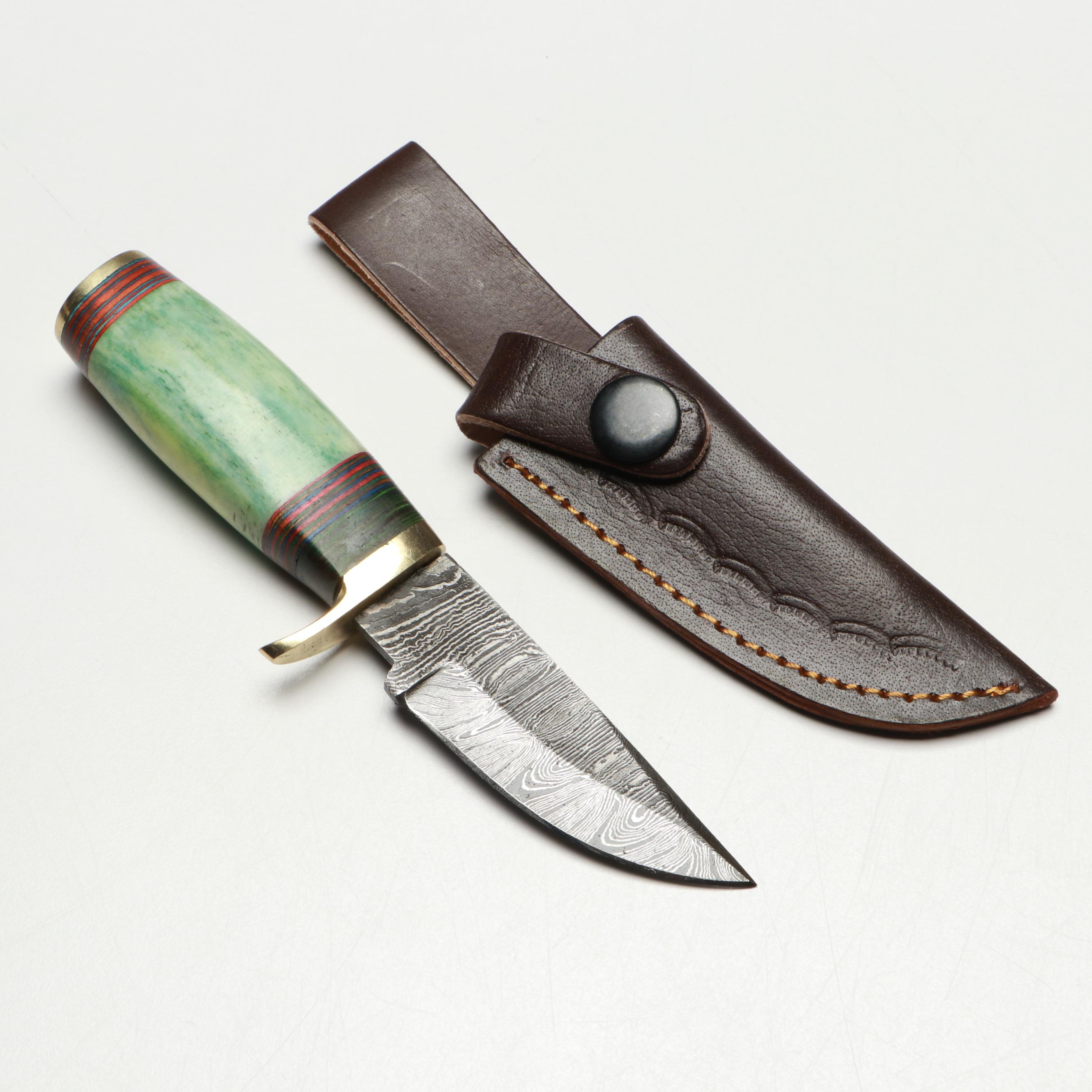Damascus Steel and Bone Handled Skinner Knives with Hunting Knives in Scabbards