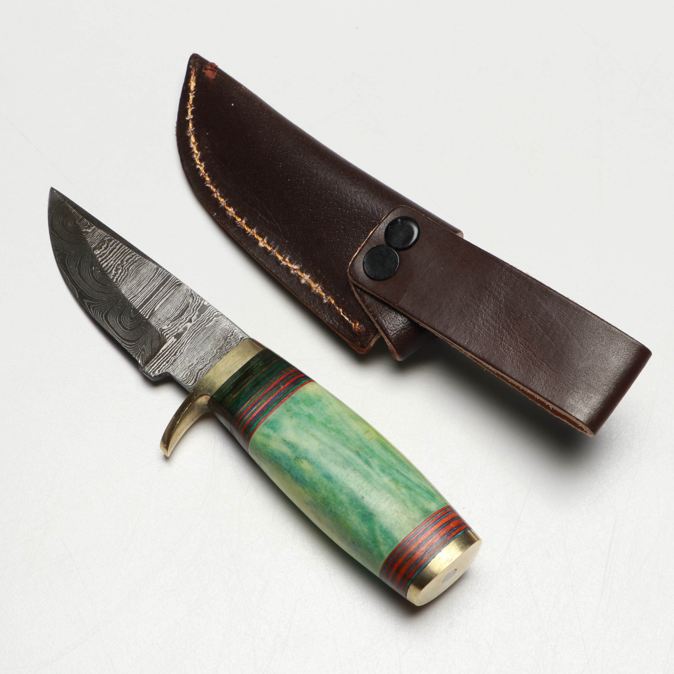 Damascus Steel and Bone Handled Skinner Knives with Hunting Knives in Scabbards