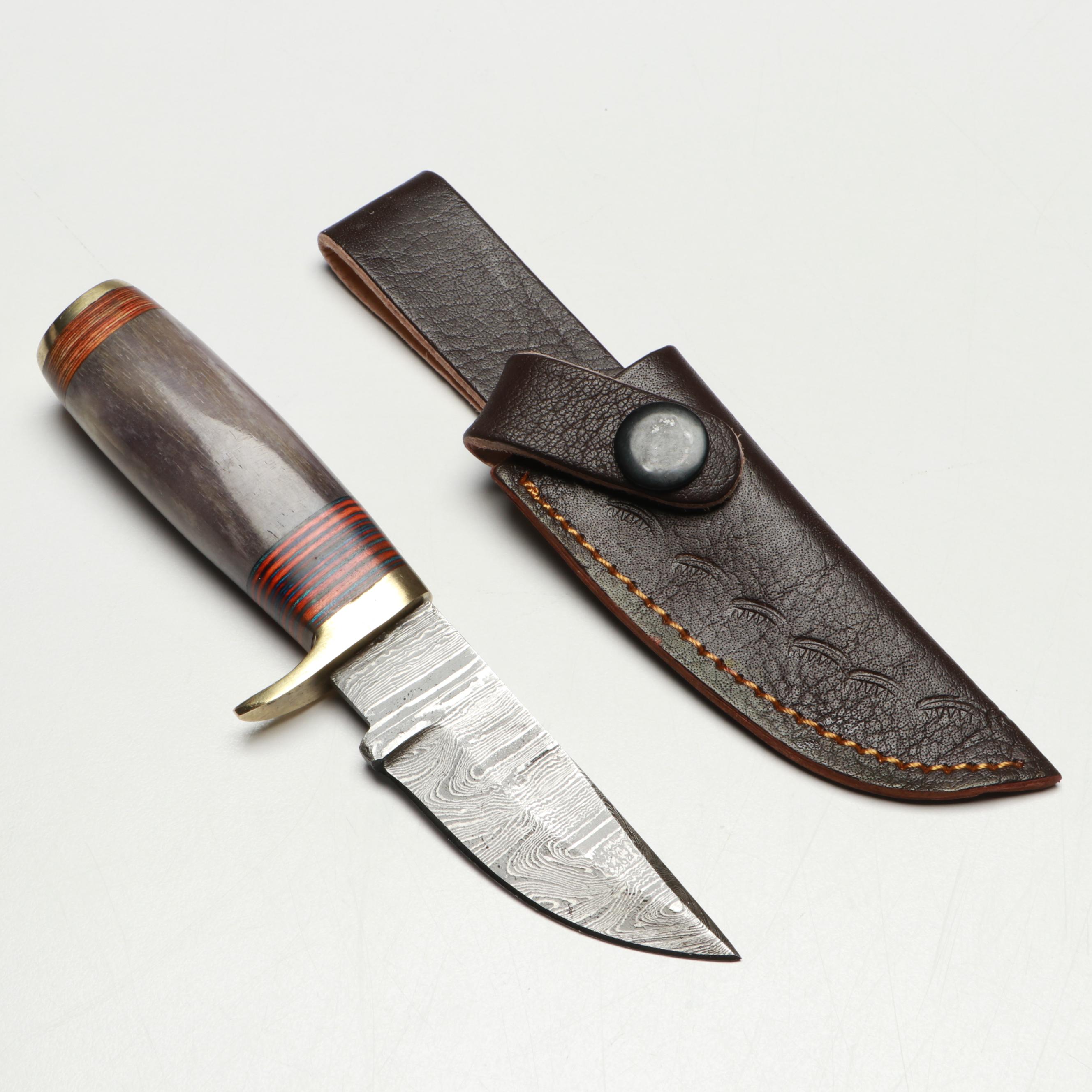 Damascus Steel and Bone Handled Skinner Knives with Hunting Knives in Scabbards