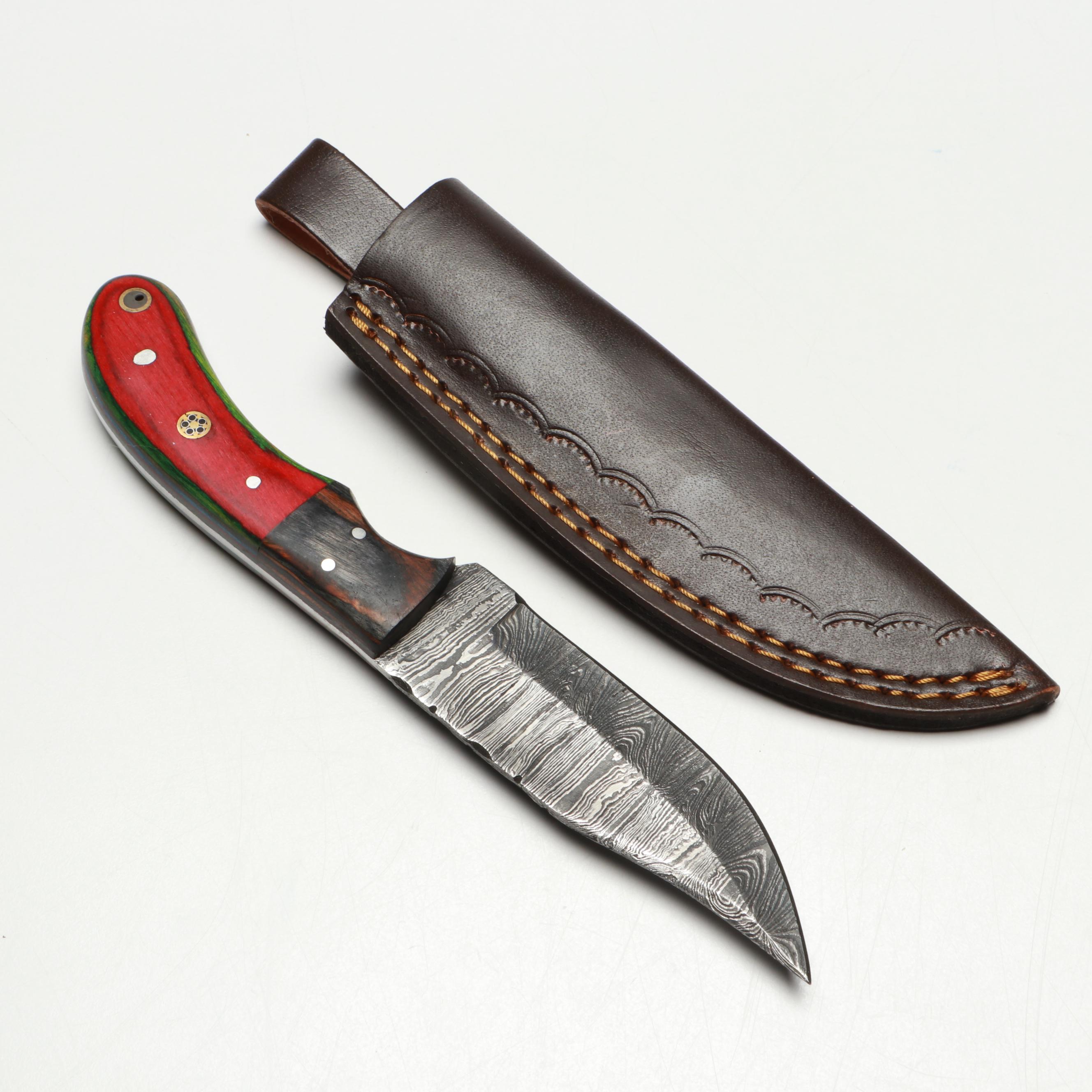 Damascus Steel and Bone Handled Skinner Knives with Hunting Knives in Scabbards