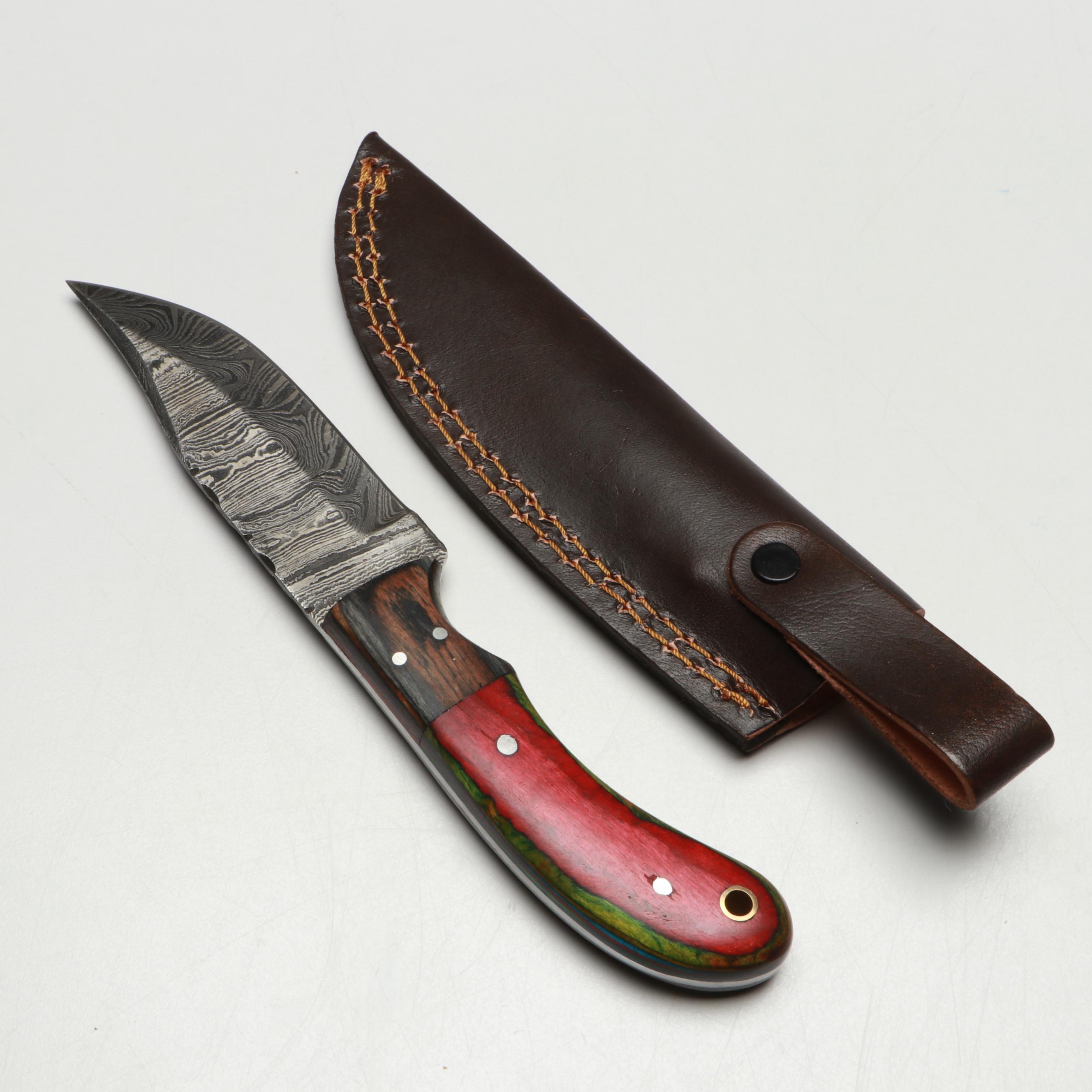 Damascus Steel and Bone Handled Skinner Knives with Hunting Knives in Scabbards