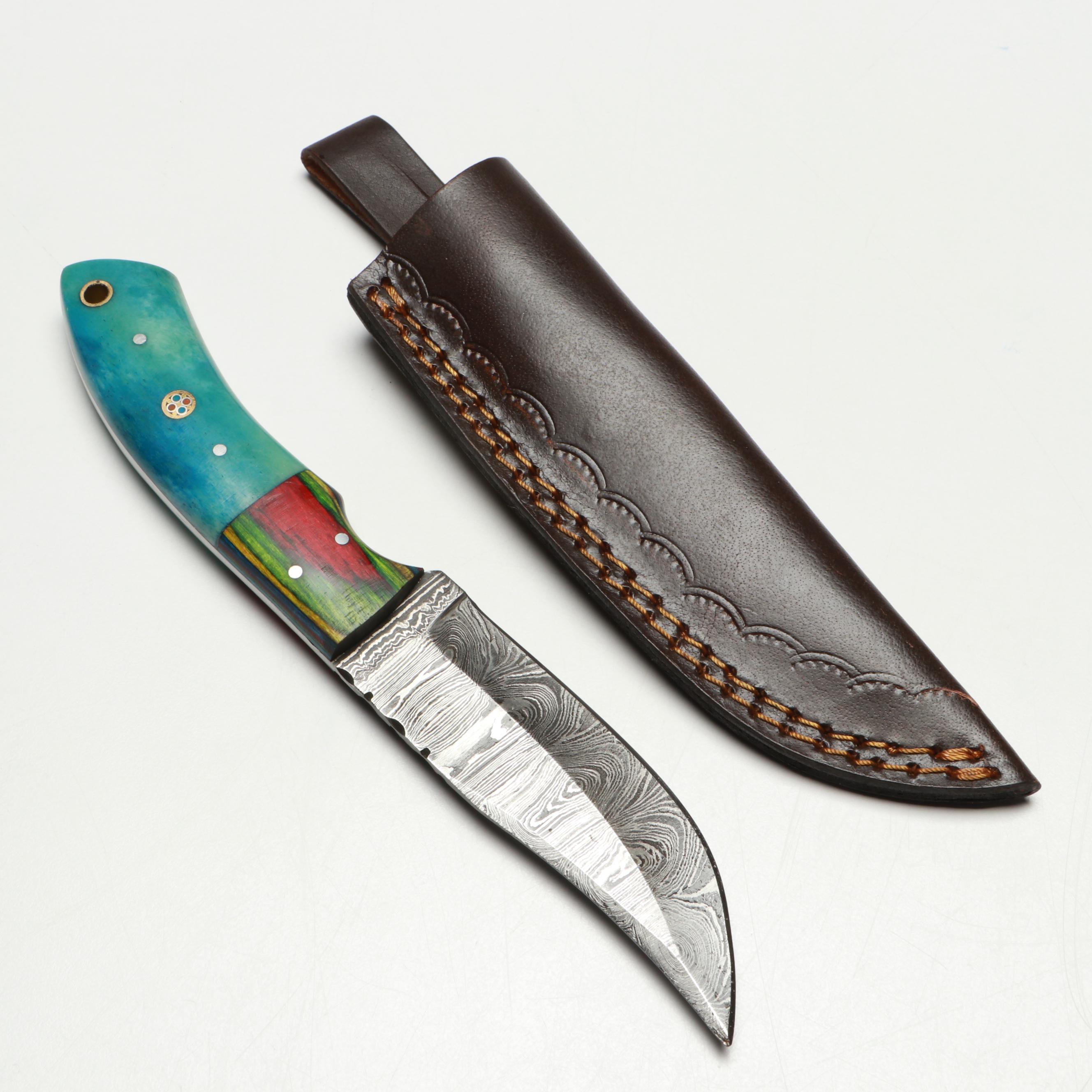 Damascus Steel and Bone Handled Skinner Knives with Hunting Knives in Scabbards