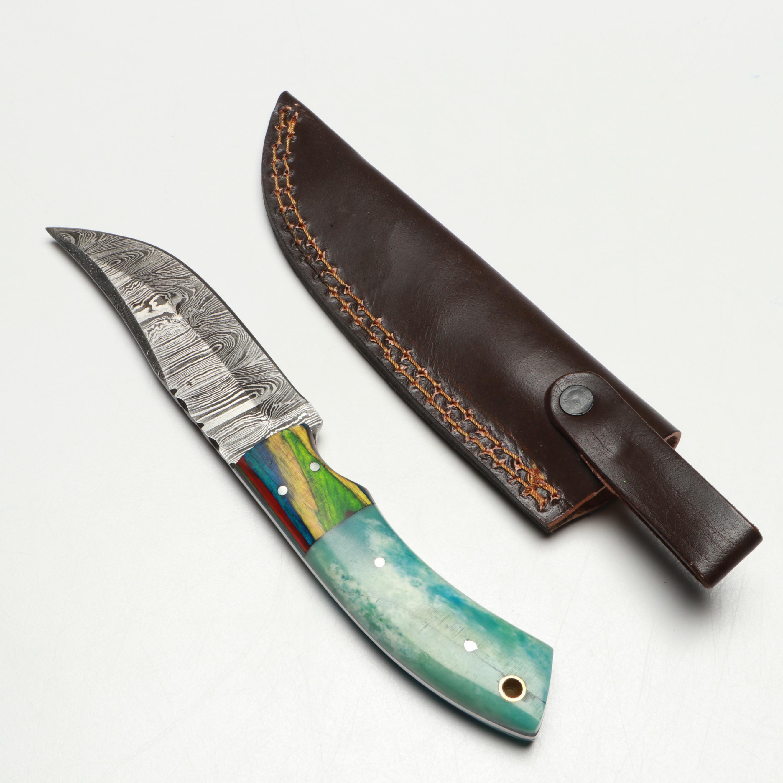 Damascus Steel and Bone Handled Skinner Knives with Hunting Knives in Scabbards