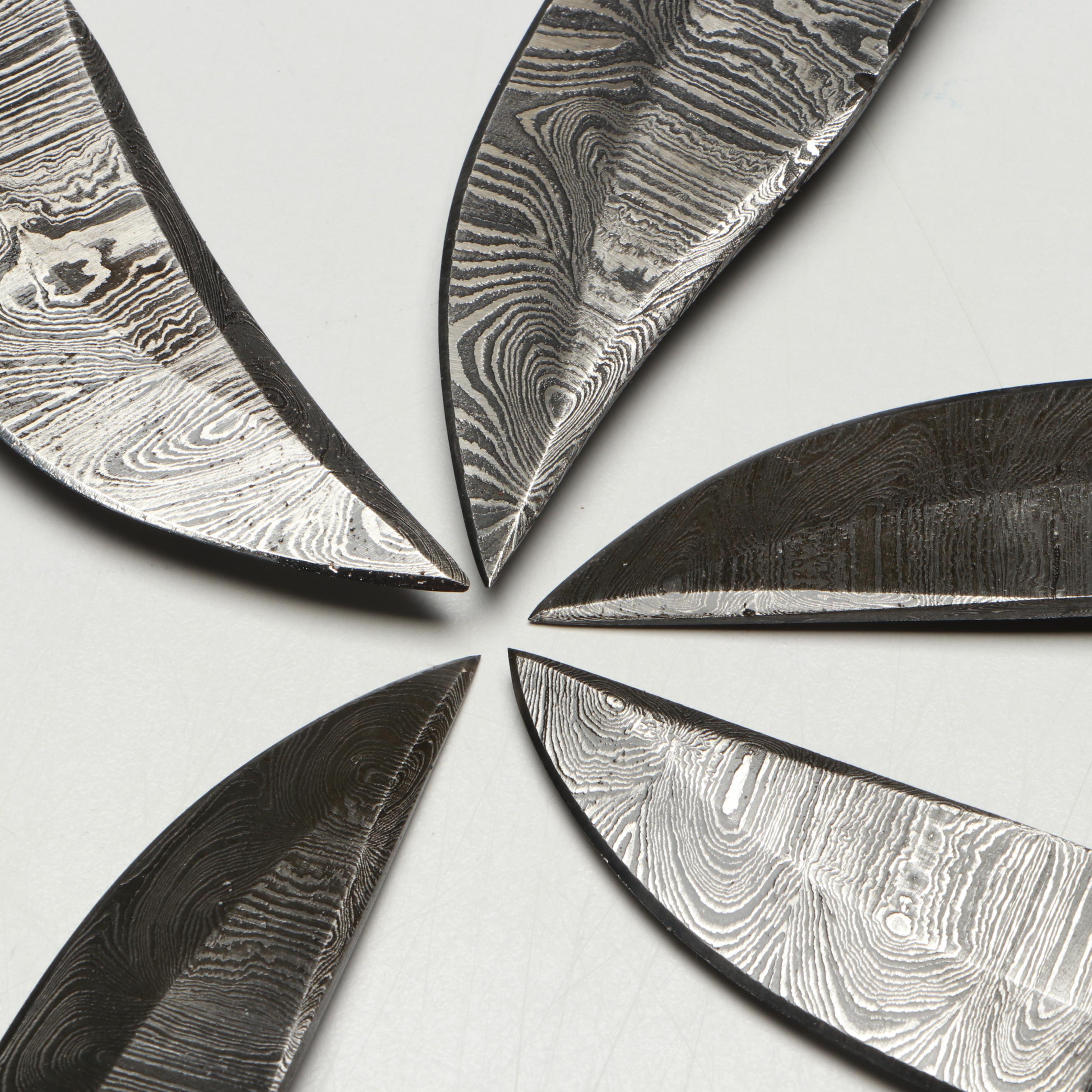 Damascus Steel and Bone Handled Skinner Knives with Hunting Knives in Scabbards