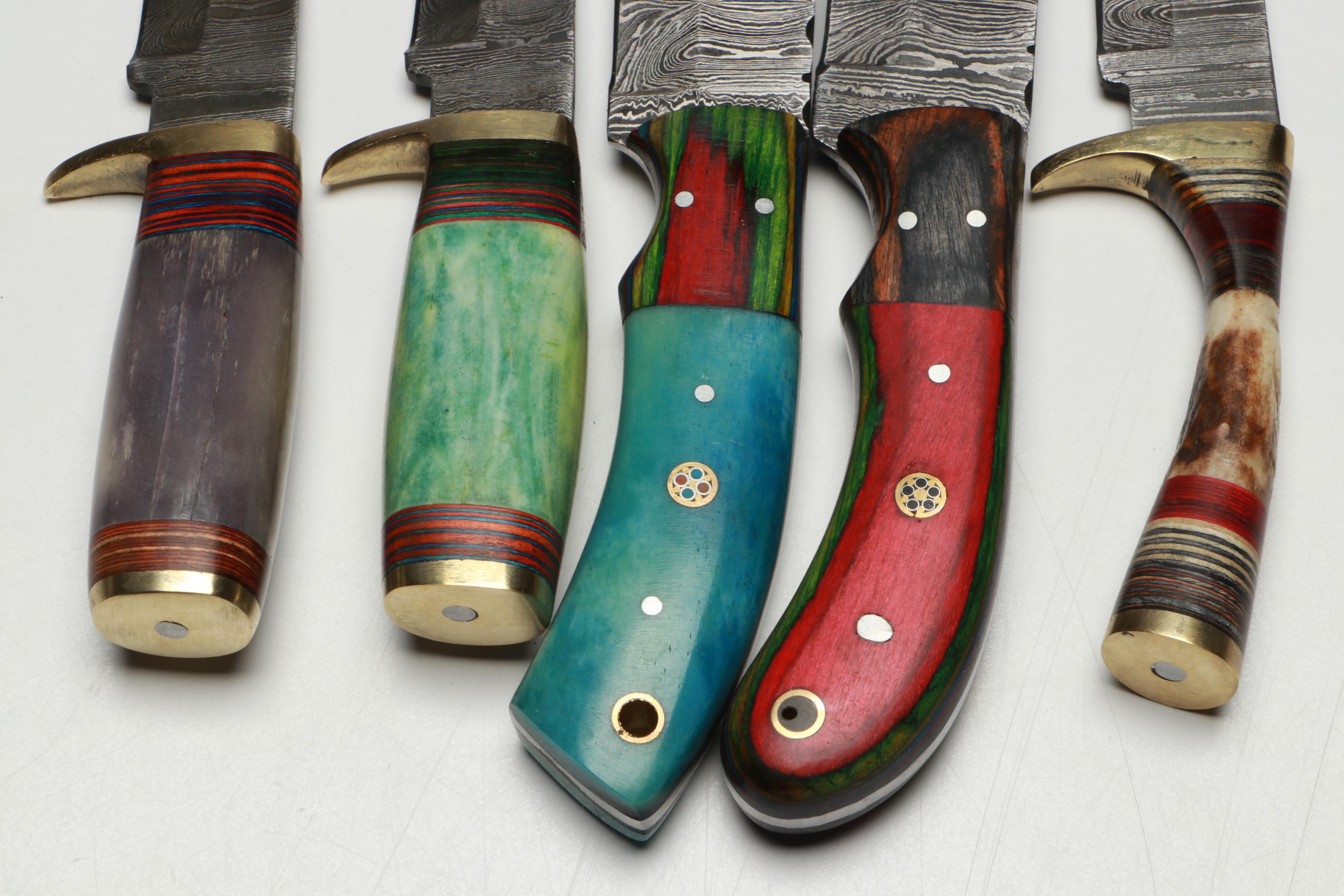 Damascus Steel and Bone Handled Skinner Knives with Hunting Knives in Scabbards