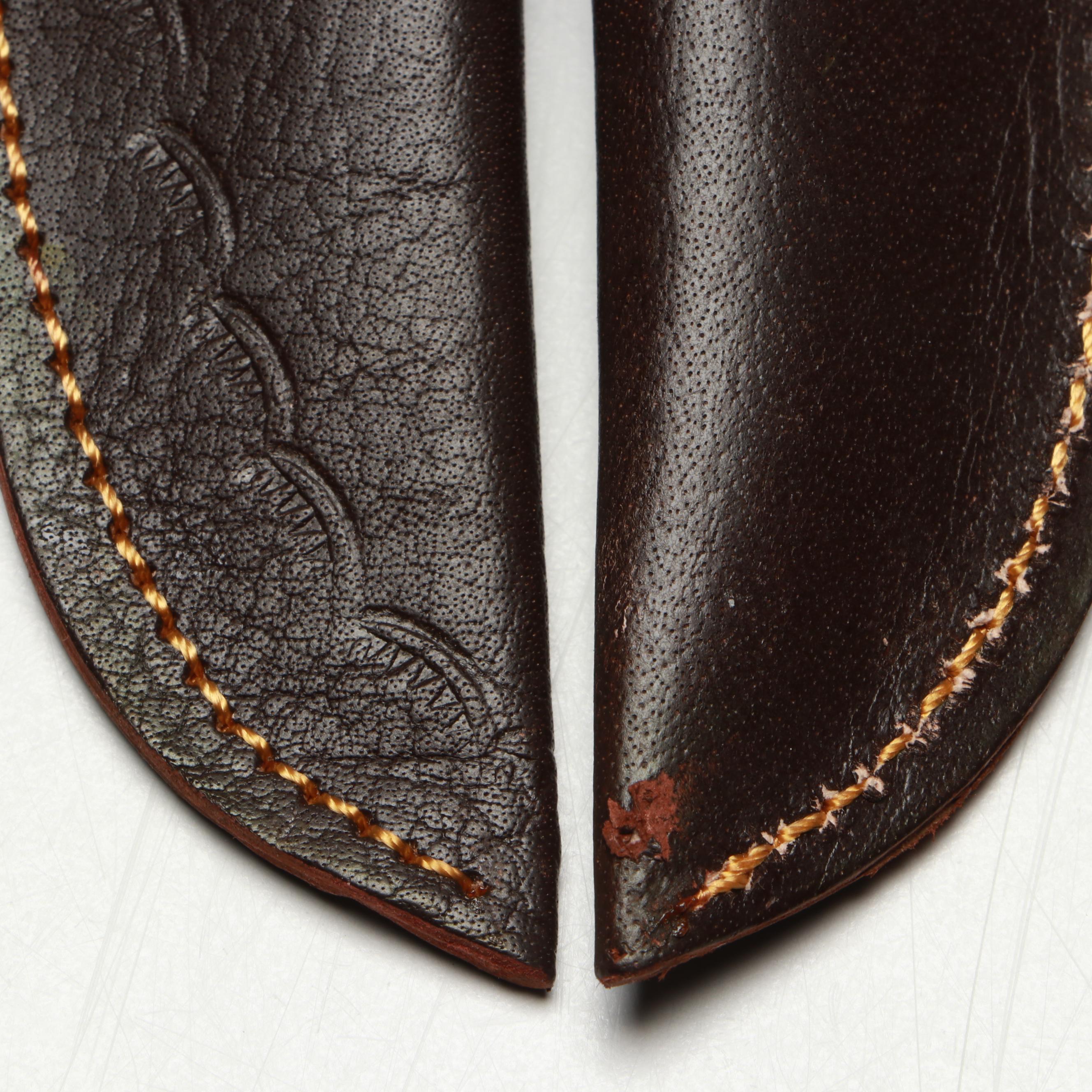 Damascus Steel and Bone Handled Skinner Knives with Hunting Knives in Scabbards