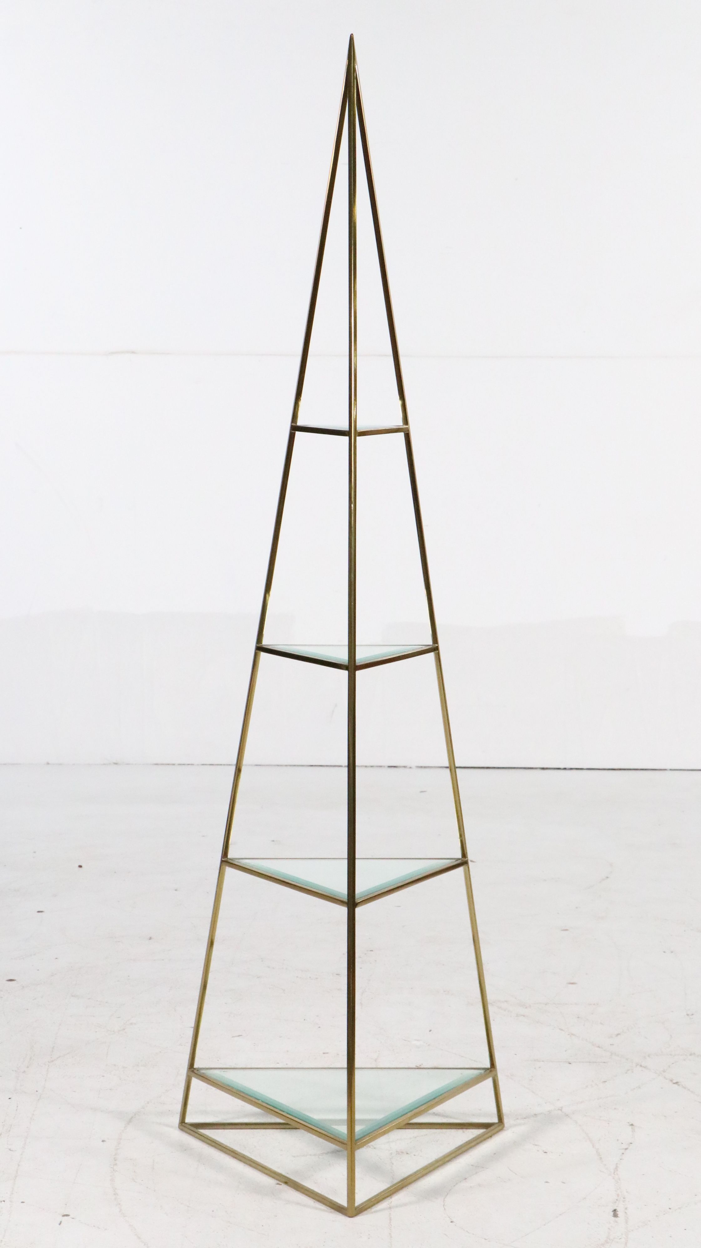 Contemporary Pyramid Shaped Brass and Beveled Glass Shelving Unit