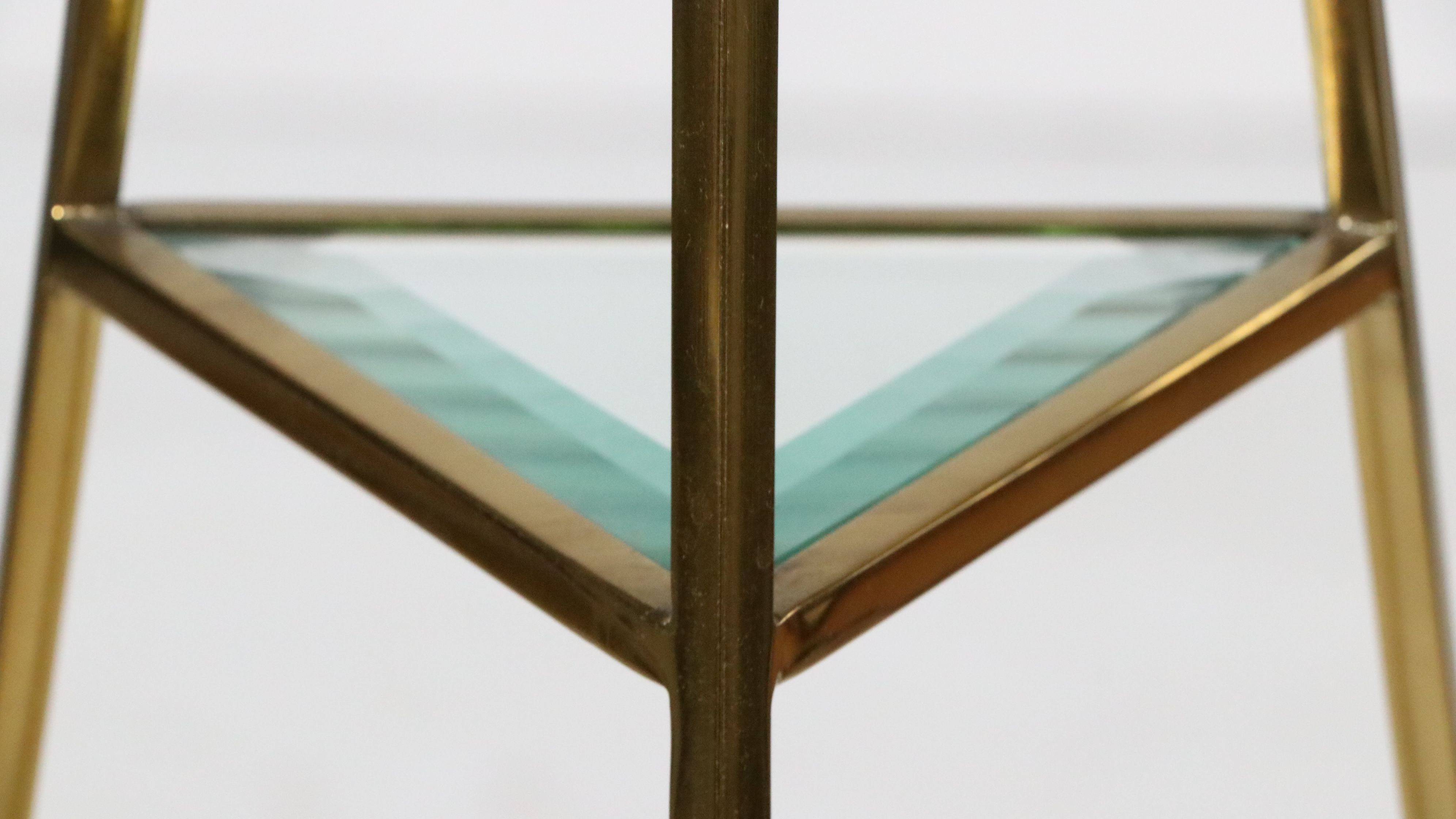 Contemporary Pyramid Shaped Brass and Beveled Glass Shelving Unit