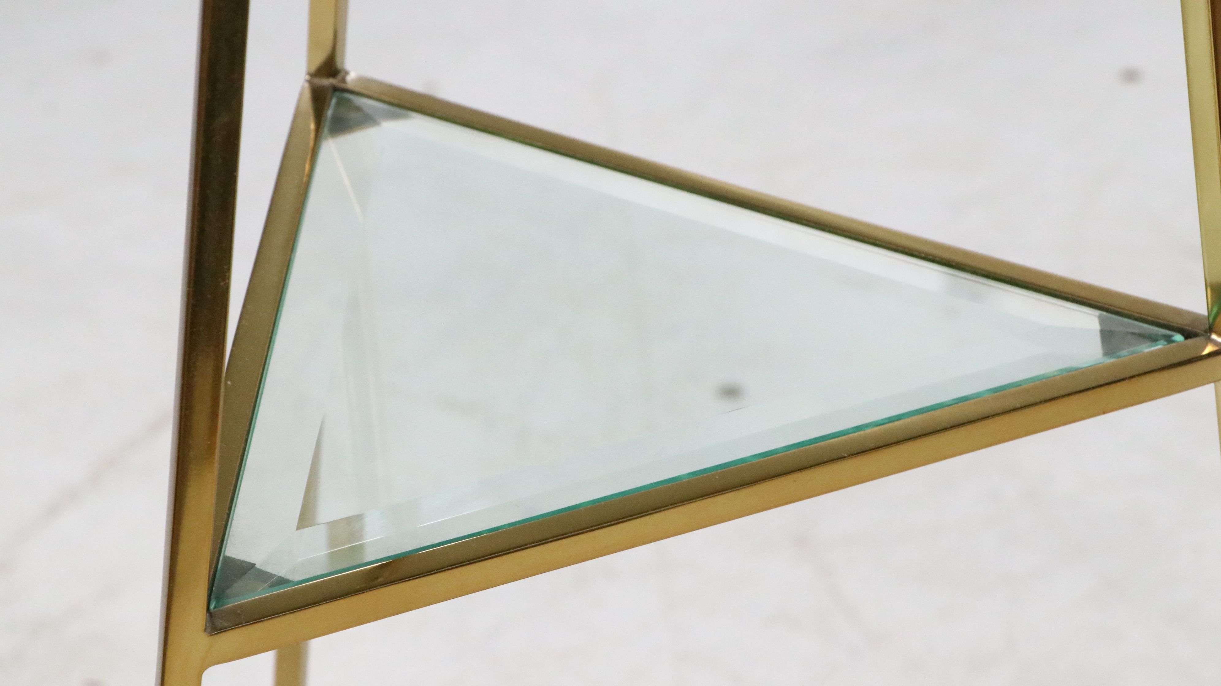 Contemporary Pyramid Shaped Brass and Beveled Glass Shelving Unit