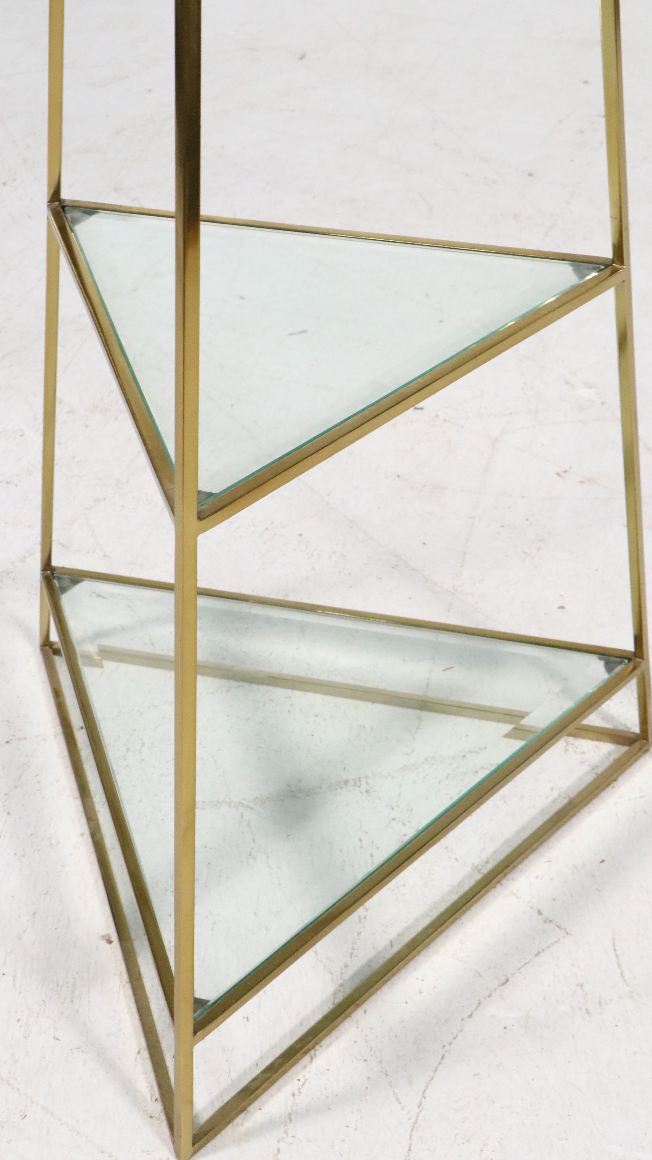 Contemporary Pyramid Shaped Brass and Beveled Glass Shelving Unit