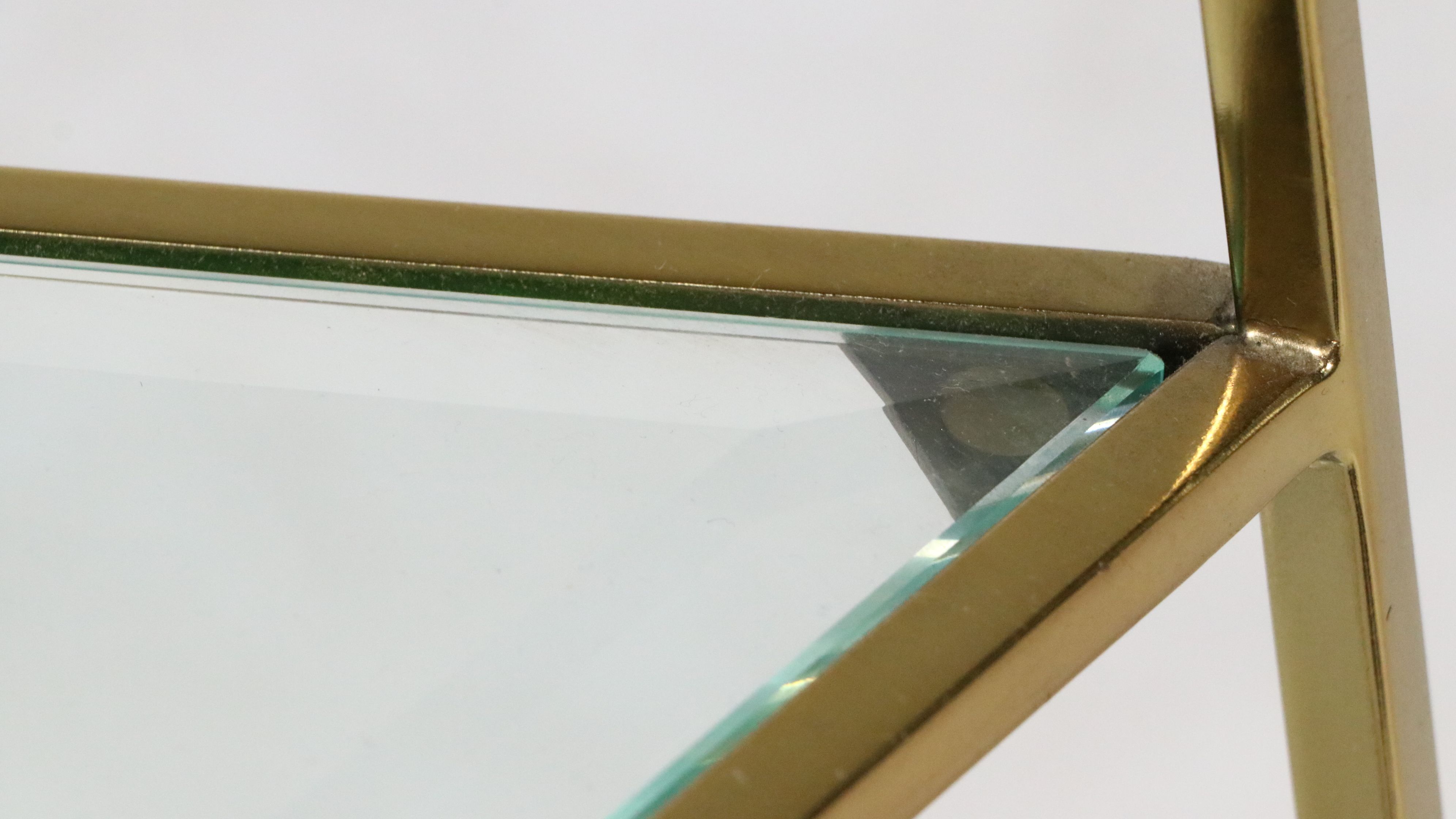 Contemporary Pyramid Shaped Brass and Beveled Glass Shelving Unit