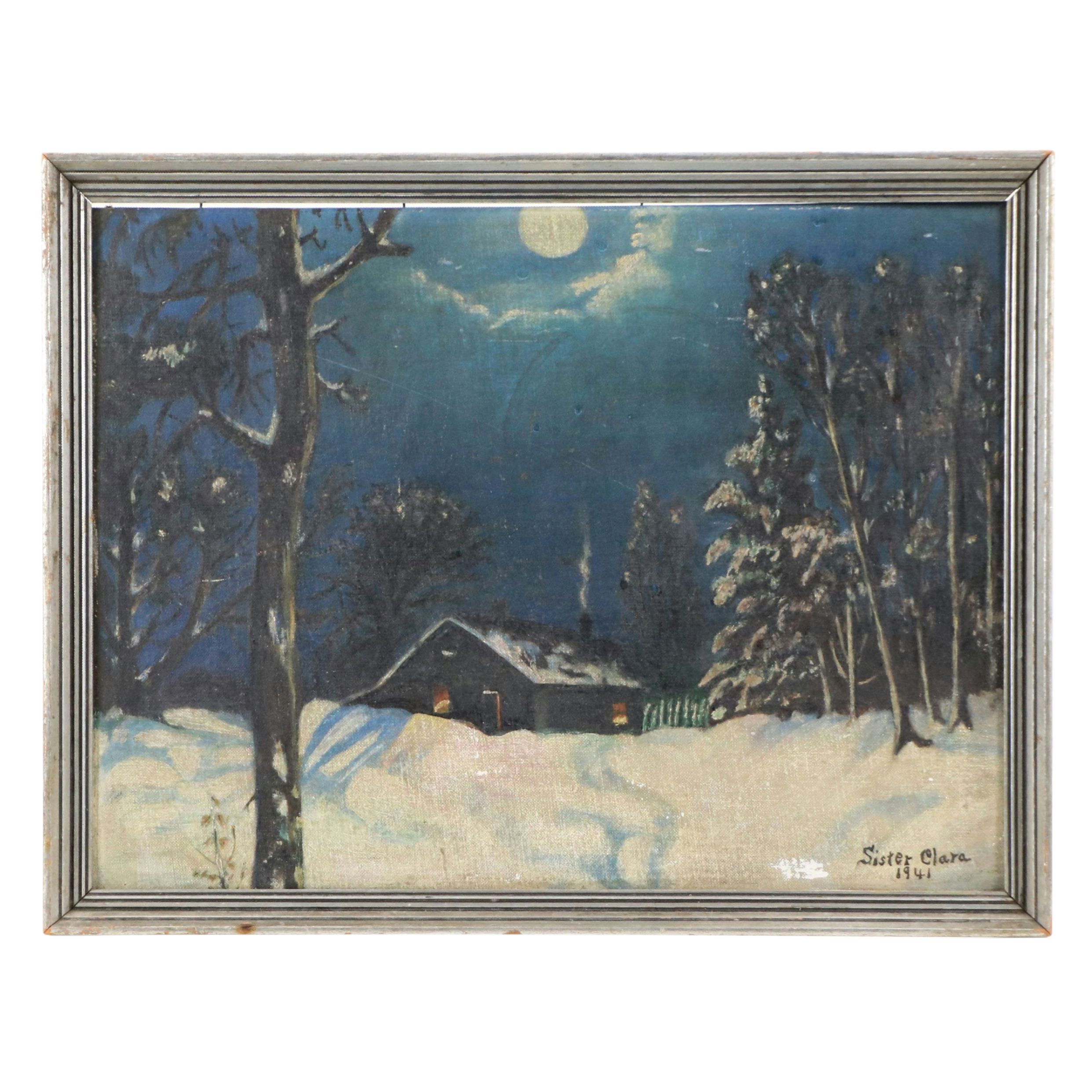 Oil Painting of Snowy Winter Night, 1941