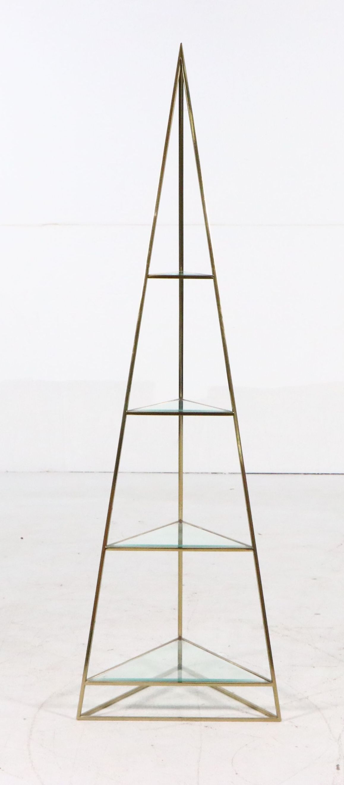 Contemporary Pyramid Shaped Brass and Beveled Glass Shelving Unit