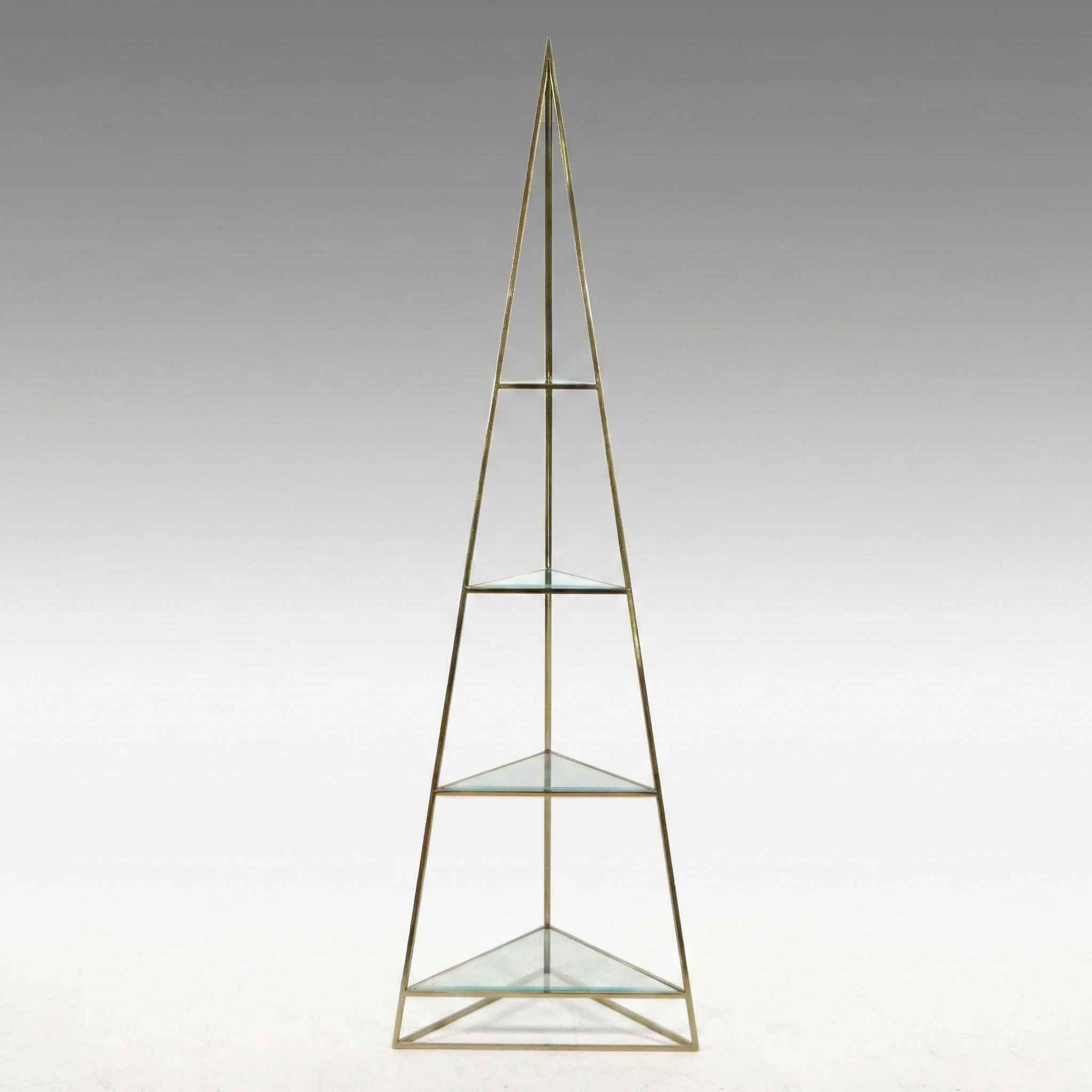 Contemporary Pyramid Shaped Brass and Beveled Glass Shelving Unit