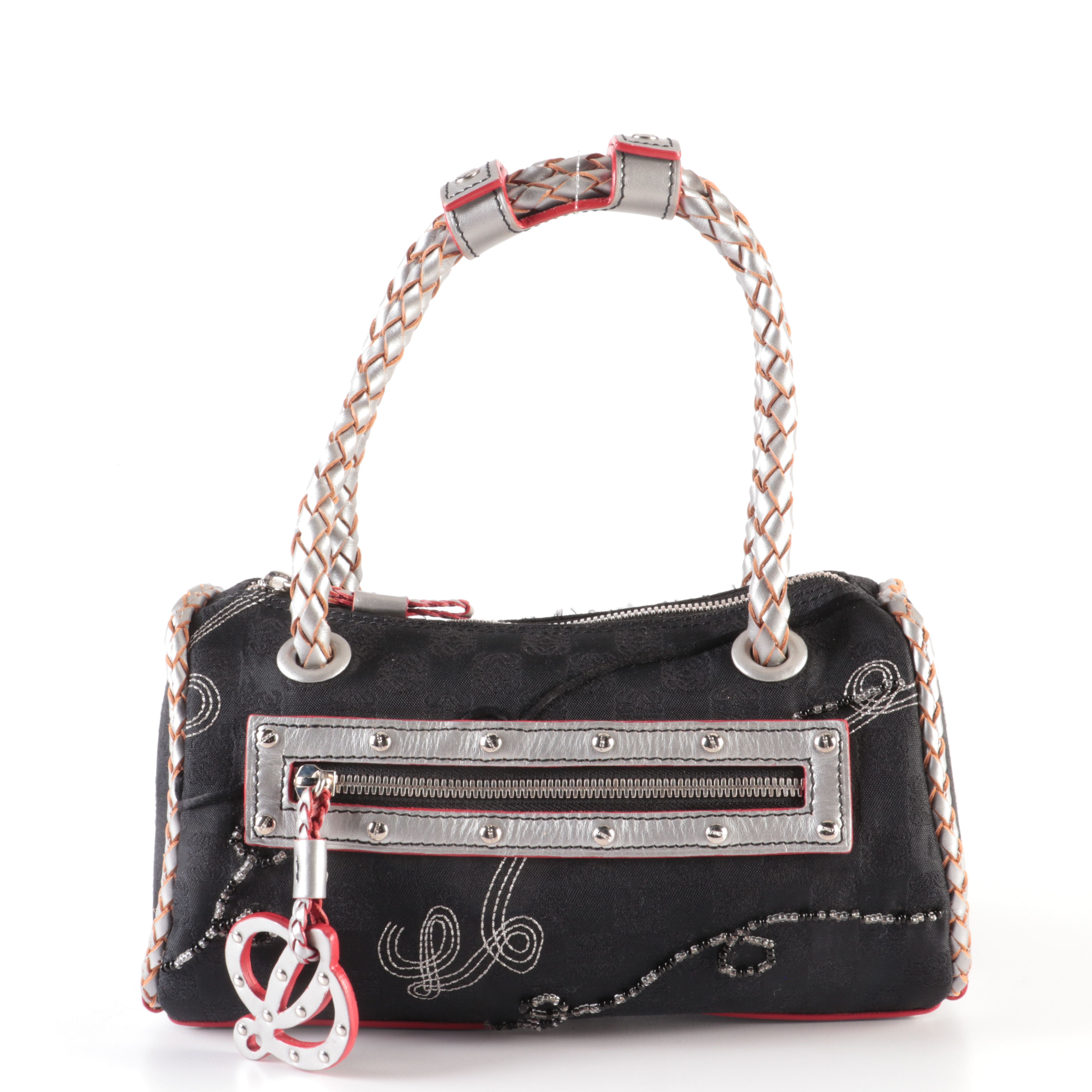 Loewe Embellished Canvas Anagram Shoulder Bag with Silver Leather Trim