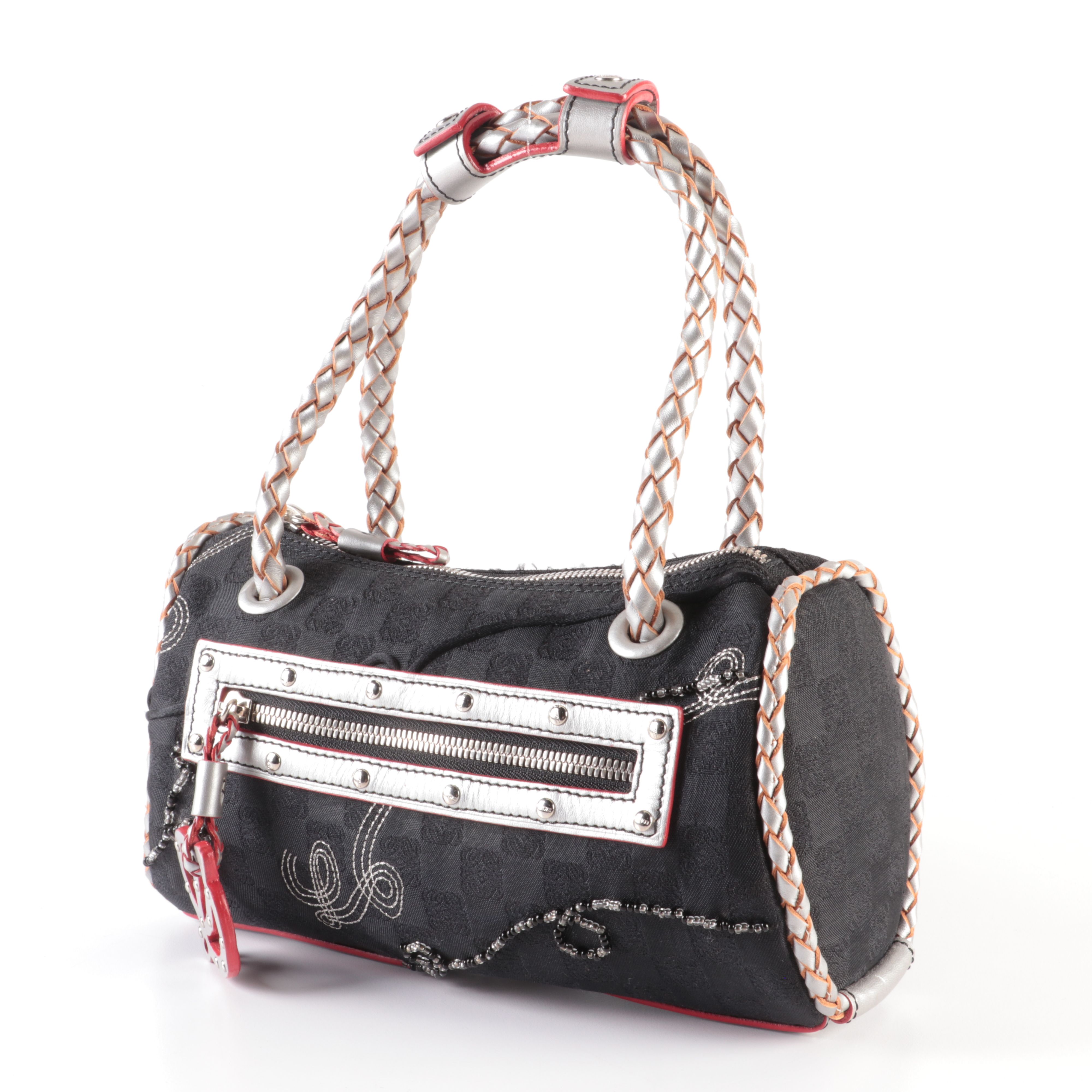 Loewe Embellished Canvas Anagram Shoulder Bag with Silver Leather Trim