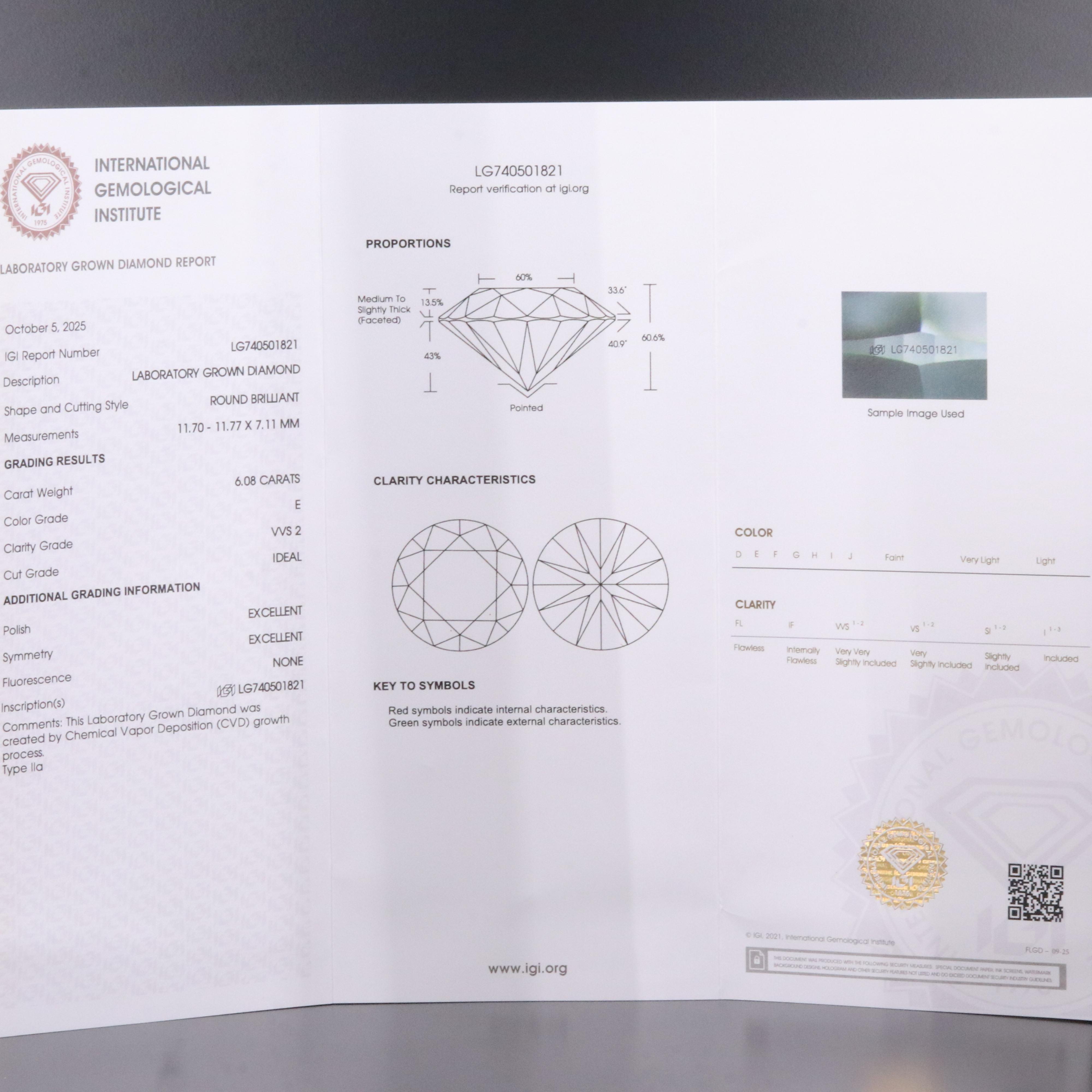 18K 6.08 CT Lab Grown Diamond Solitaire Ring with IGI Report