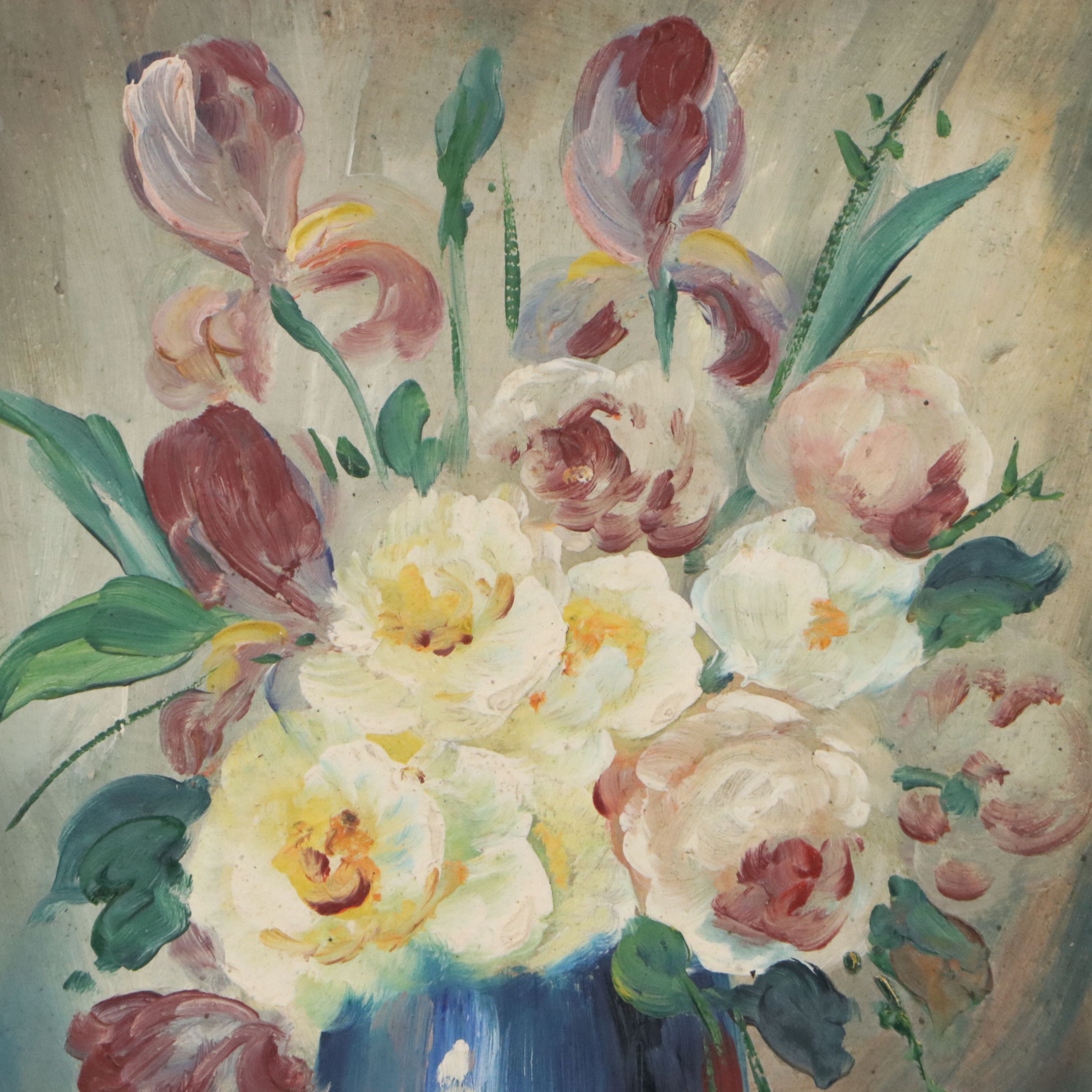 Floral Still Life Oil Painting of White Roses in Vase, 20th Century